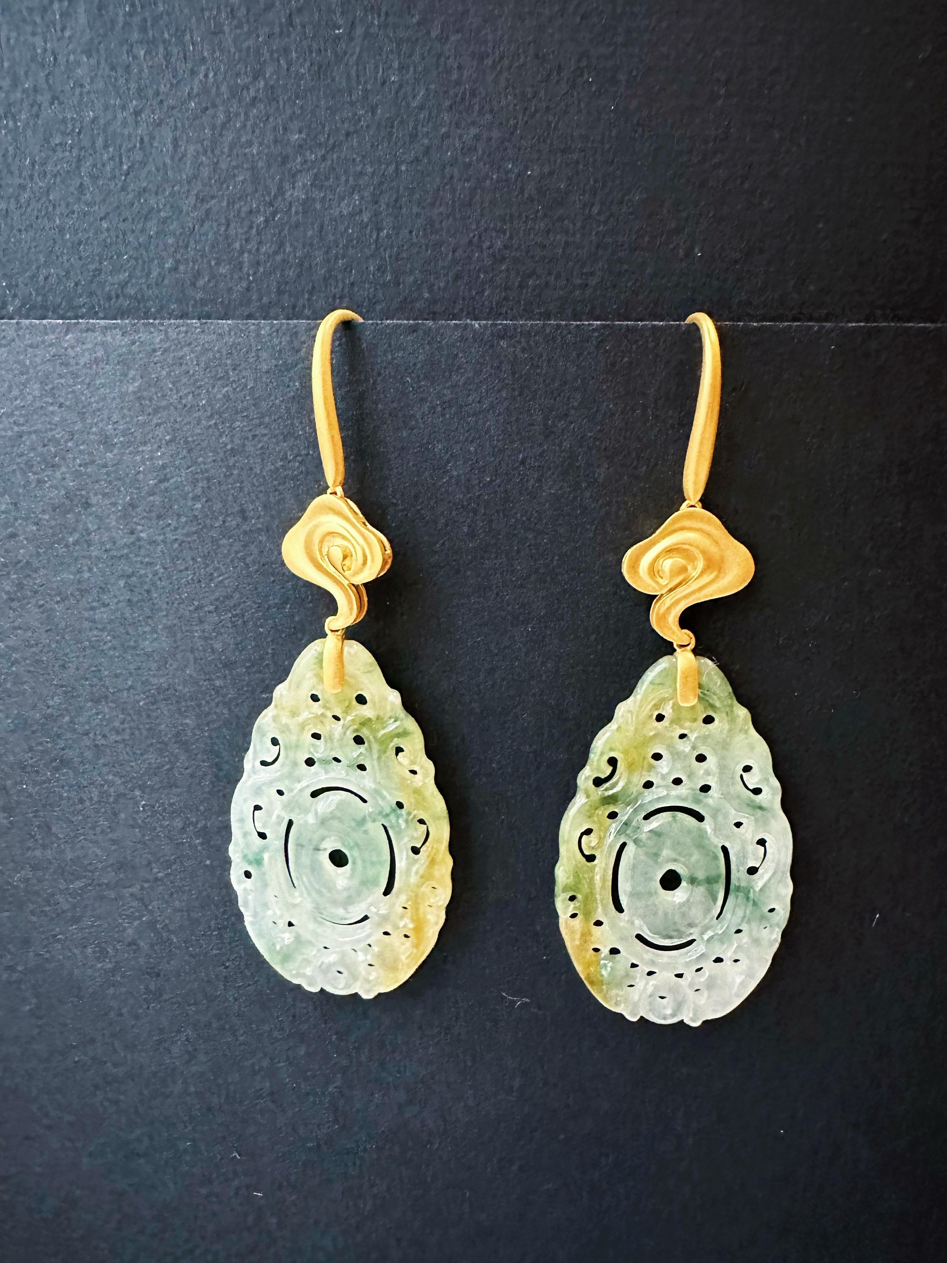 Natural Myanmar Handcrafted Icy Type Bicolor Green and Yellow Jade Earrings For Sale 1
