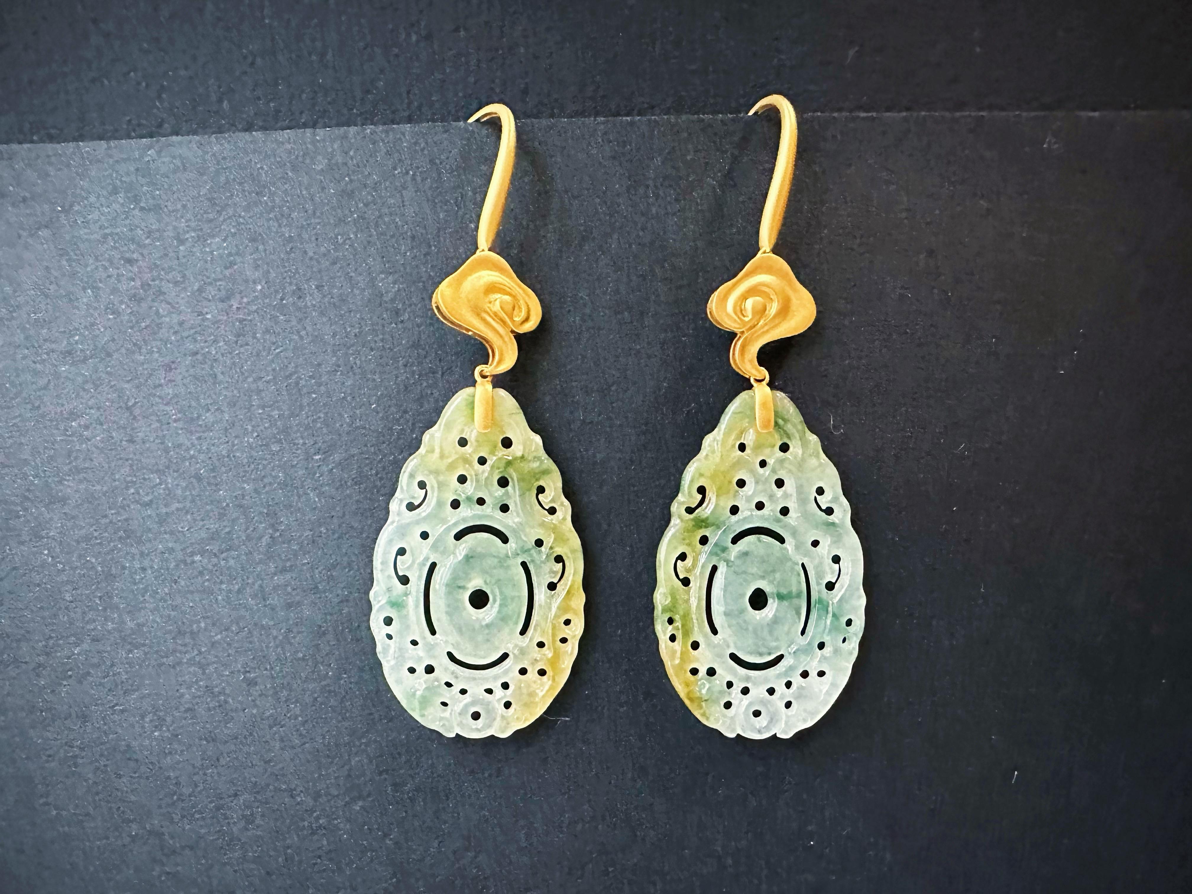 Natural Myanmar Handcrafted Icy Type Bicolor Green and Yellow Jade Earrings For Sale 2