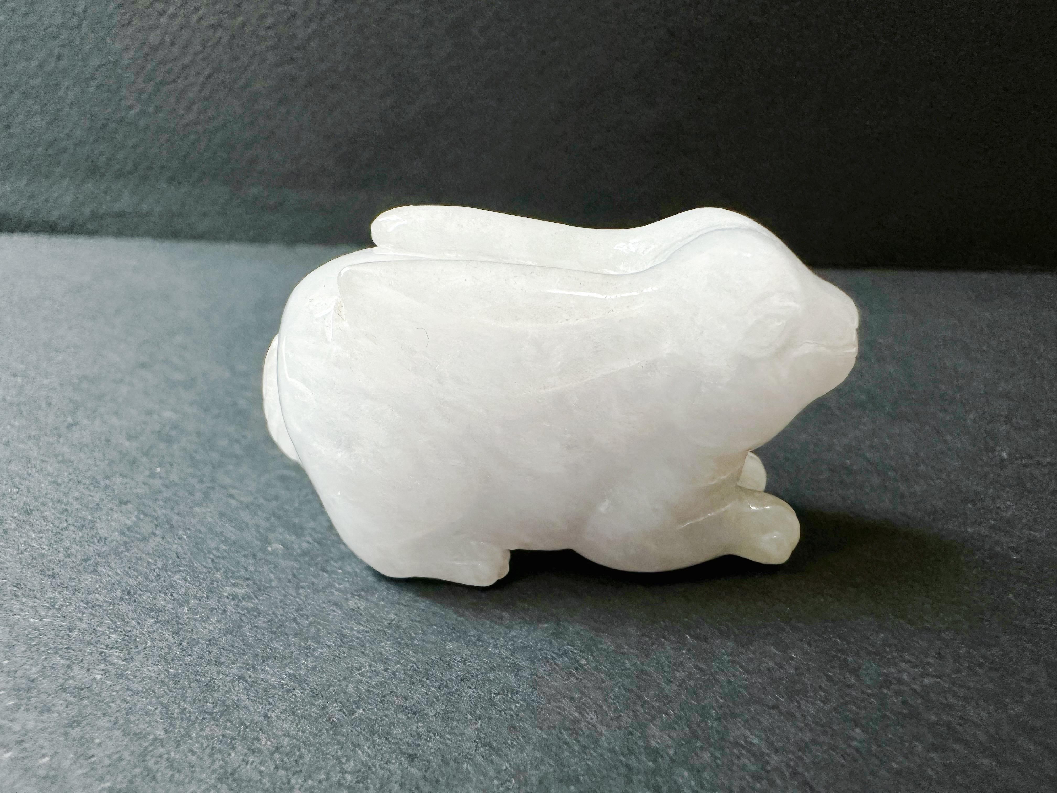 Wir stellen unsere exquisite White Bunny Jade vor, ein sorgfältig handgefertigtes Meisterwerk, das wirklich einzigartig ist. Dieses bemerkenswerte Jadeit-Kaninchen wurde von unseren geschickten Kunsthandwerkern sorgfältig entworfen und verkörpert