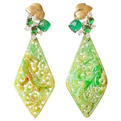 Certified Natural Myanmar Vivid Bicolor Green and Yellow Jade 18K Gold Earring