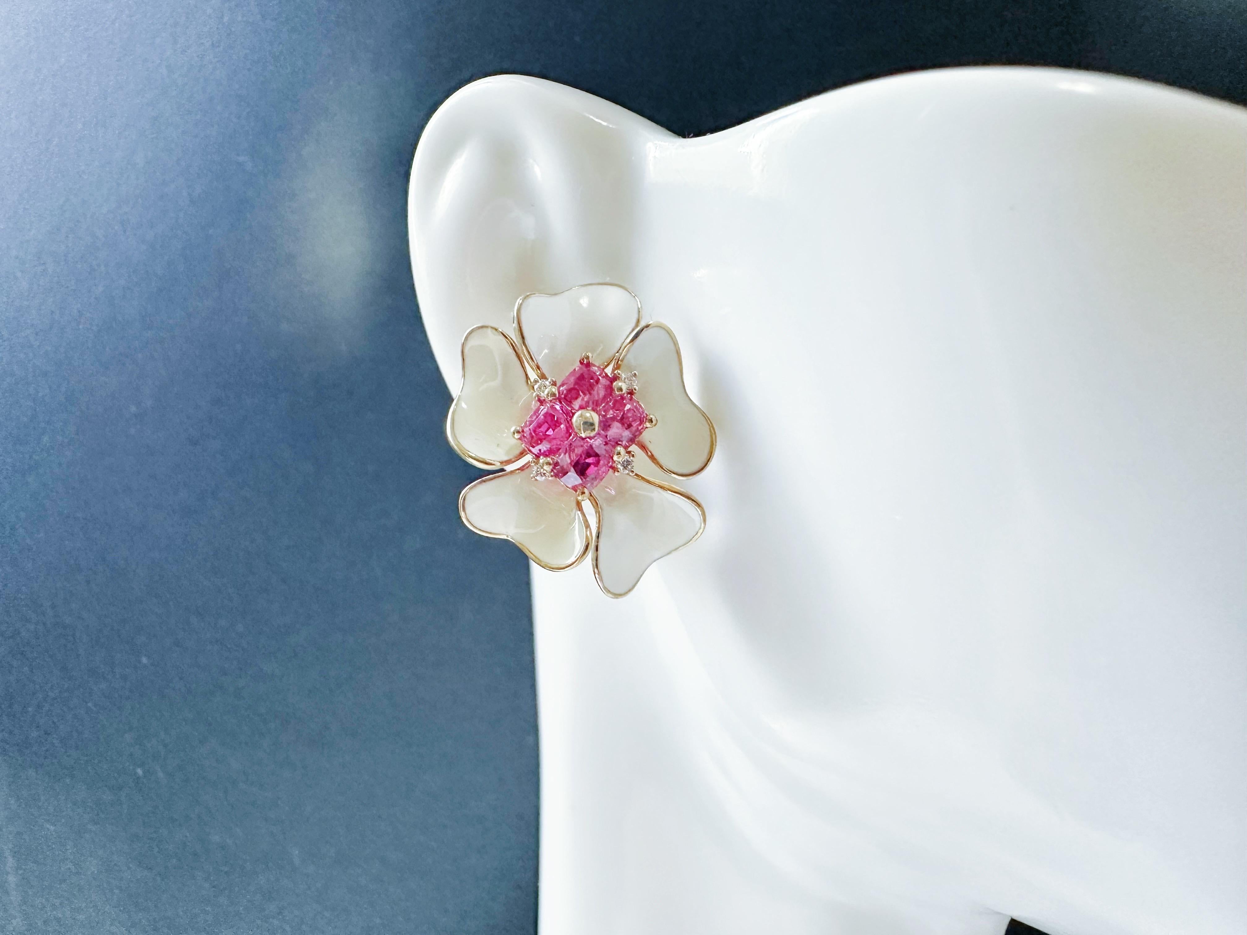 Certified Natural Myanmar Hot Pink Spinel Floral 14K Gold Earrings with Diamond For Sale 4