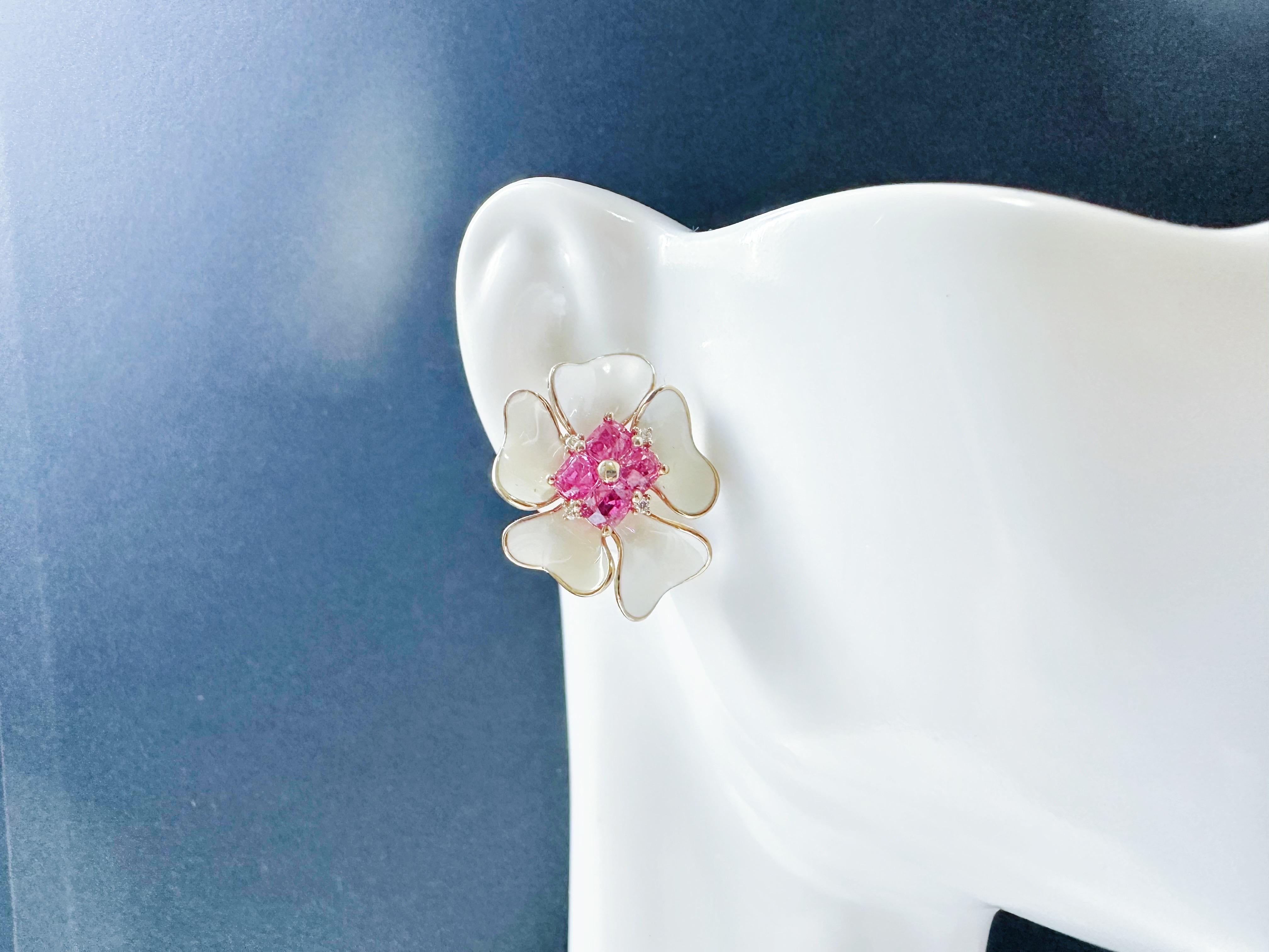 Certified Natural Myanmar Hot Pink Spinel Floral 14K Gold Earrings with Diamond For Sale 5