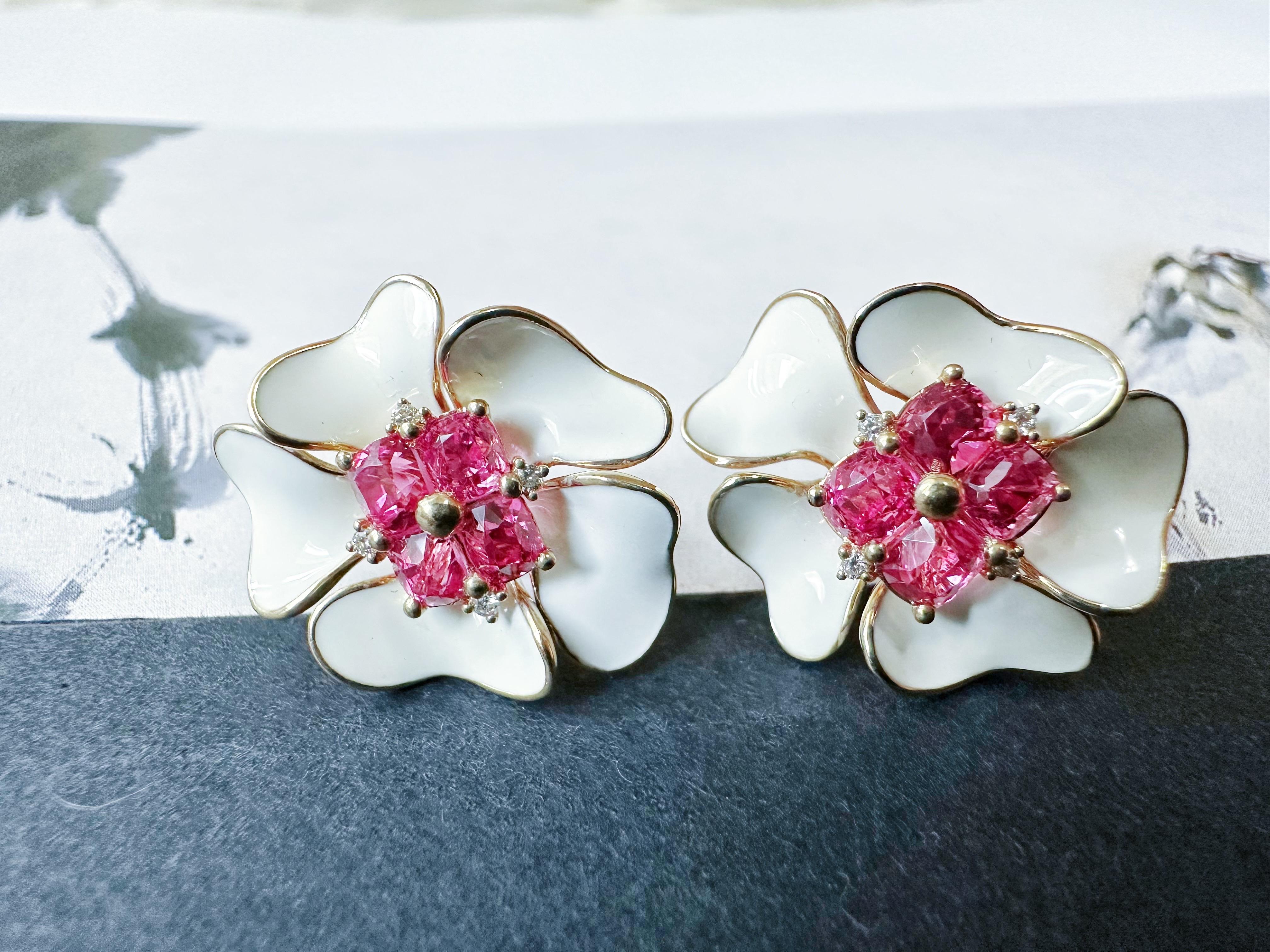 These beautiful earrings are handcrafted and designed in Hong Kong, with natural pink spinels from Mansin (Burma), high-quality diamonds, and white enamel.  Man Sin is home of infamous Jedi spinels as its red and pink spinels display special vibrant