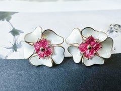 Certified Natural Myanmar Hot Pink Spinel Floral 14K Gold Earrings with Diamond