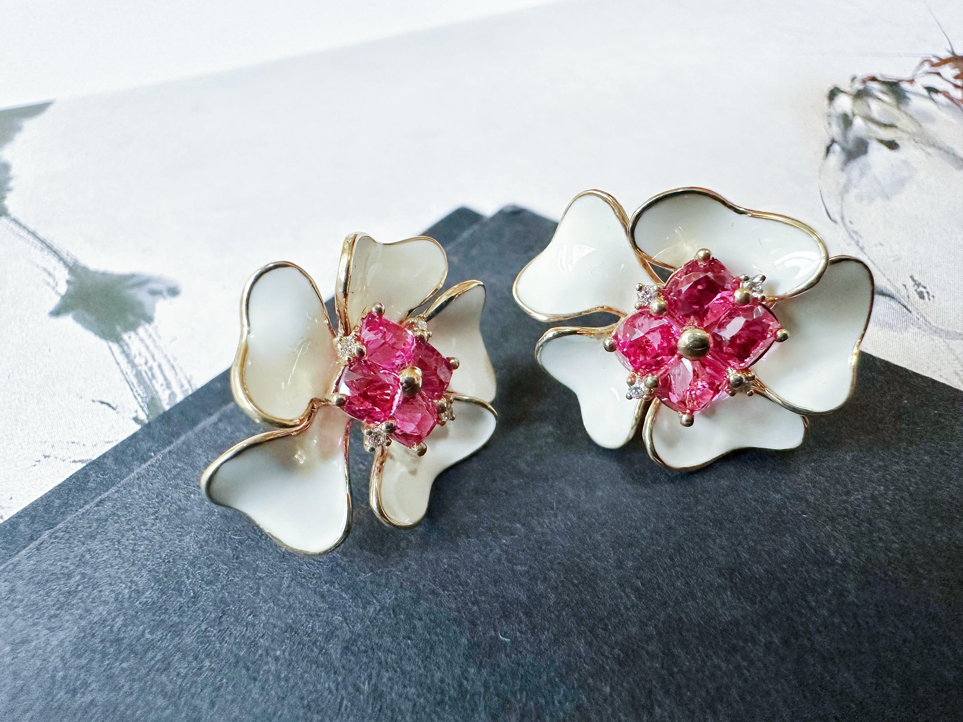 Art Nouveau Certified Natural Myanmar Hot Pink Spinel Floral 14K Gold Earrings with Diamond For Sale