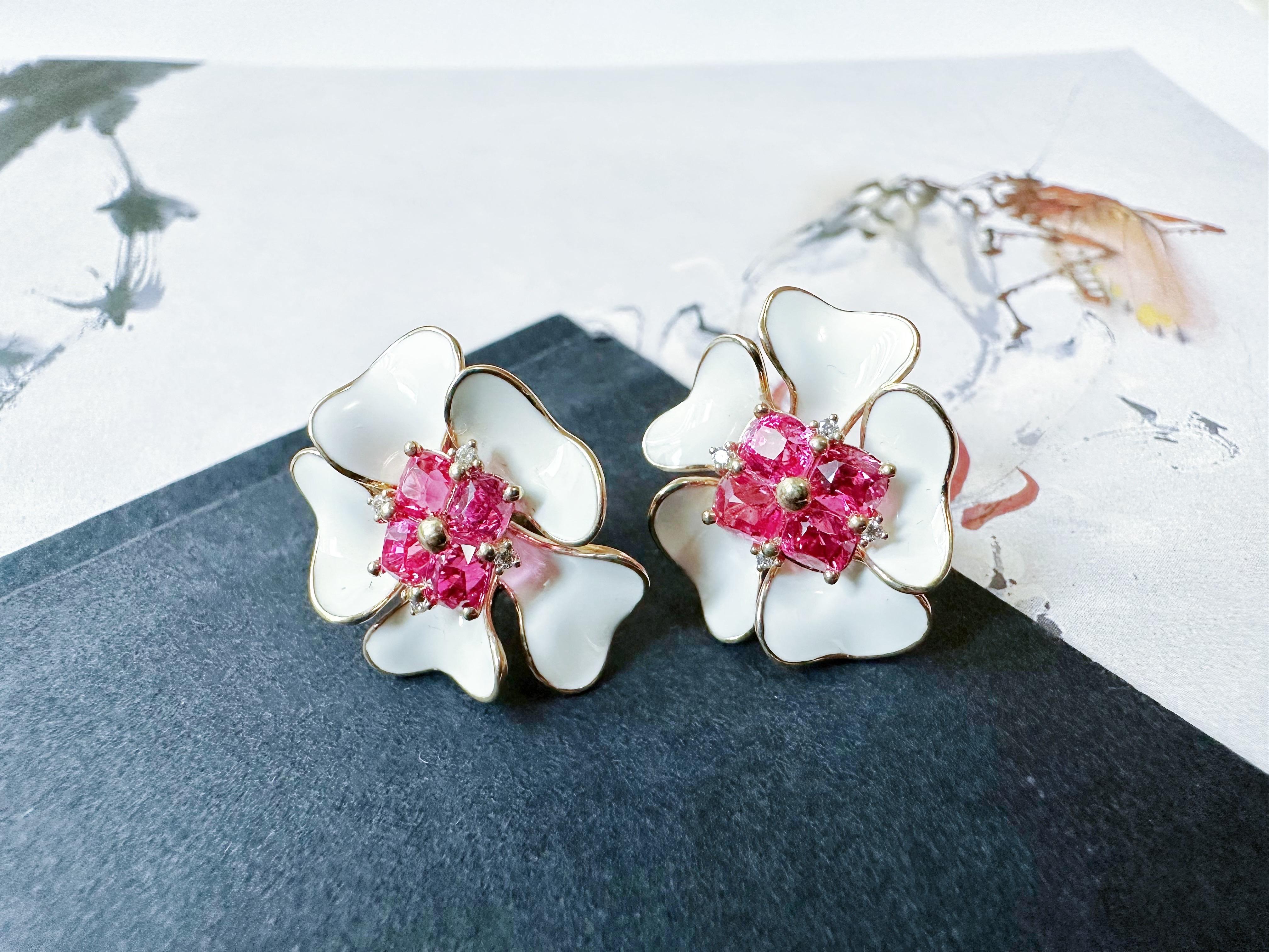 Octagon Cut Certified Natural Myanmar Hot Pink Spinel Floral 14K Gold Earrings with Diamond For Sale