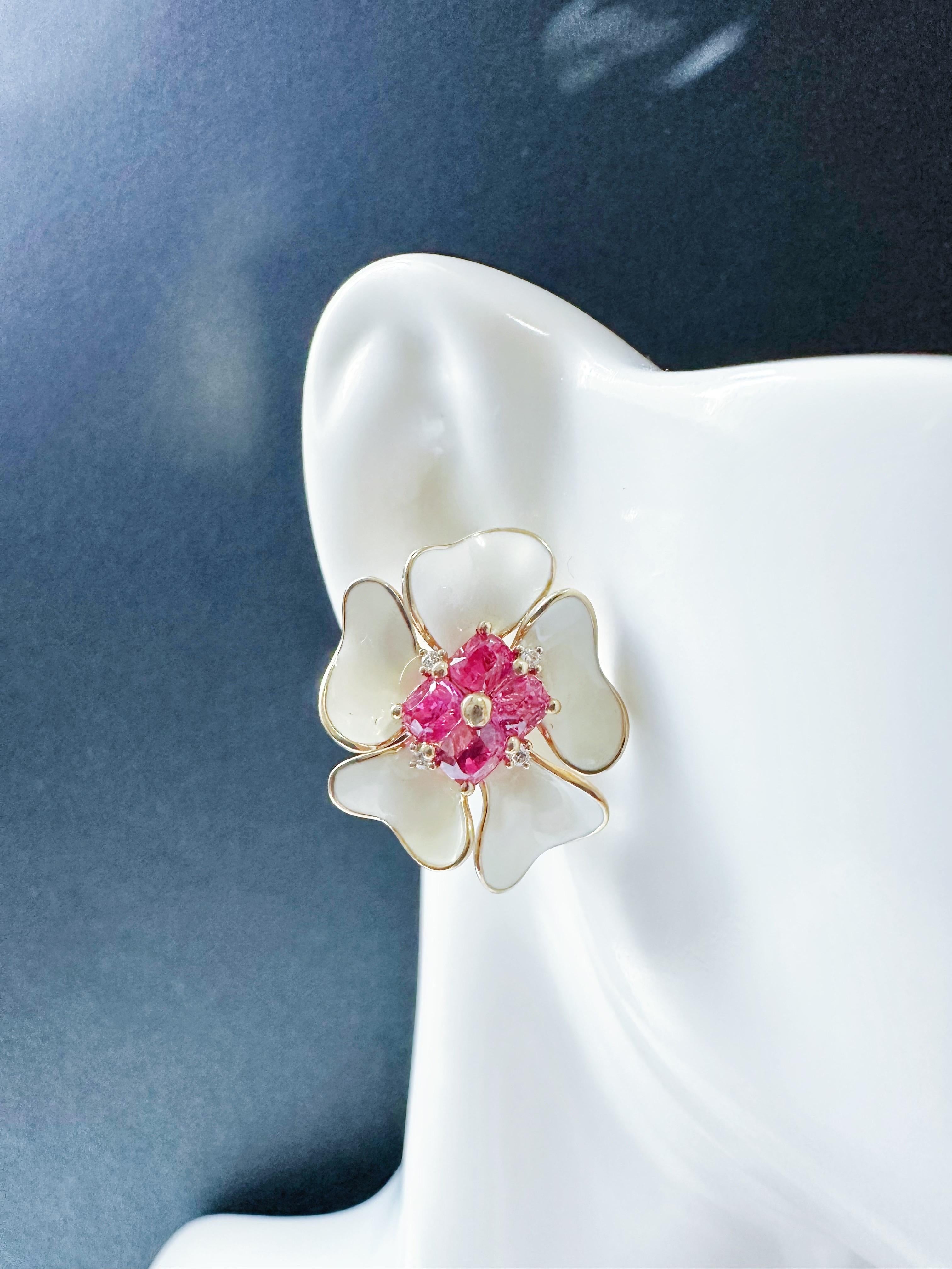 Certified Natural Myanmar Hot Pink Spinel Floral 14K Gold Earrings with Diamond For Sale 3