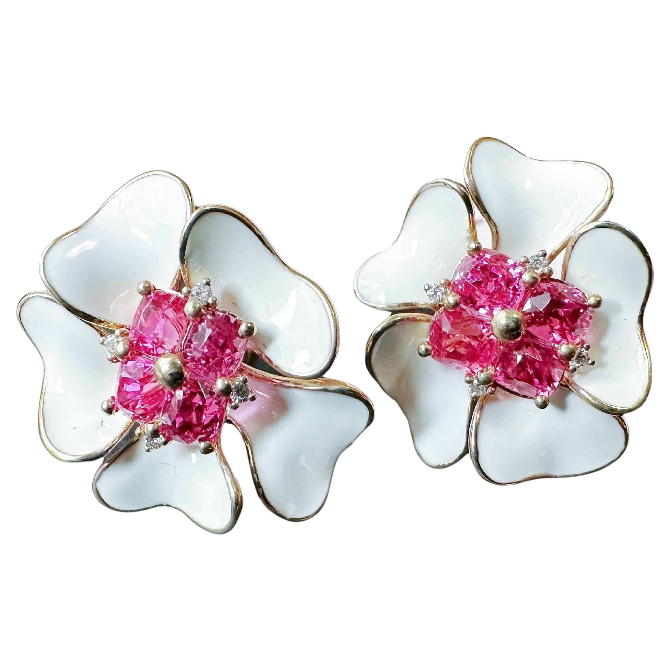 Certified Natural Myanmar Hot Pink Spinel Floral 14K Gold Earrings with Diamond For Sale