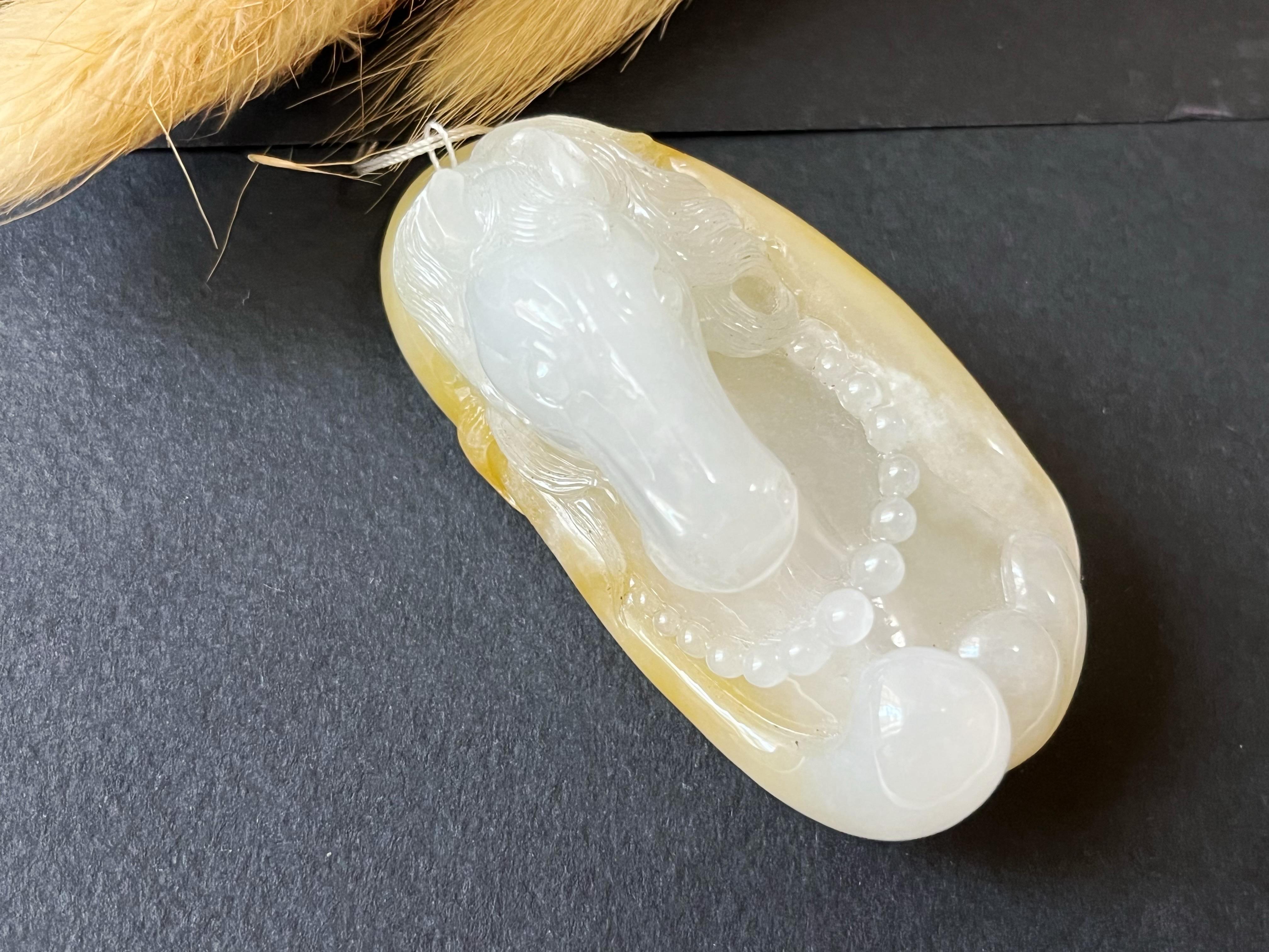 Natural Myanmar Icy Honey Yellow Carved Horse Jadeite Pendant Jade Piece For Sale 1