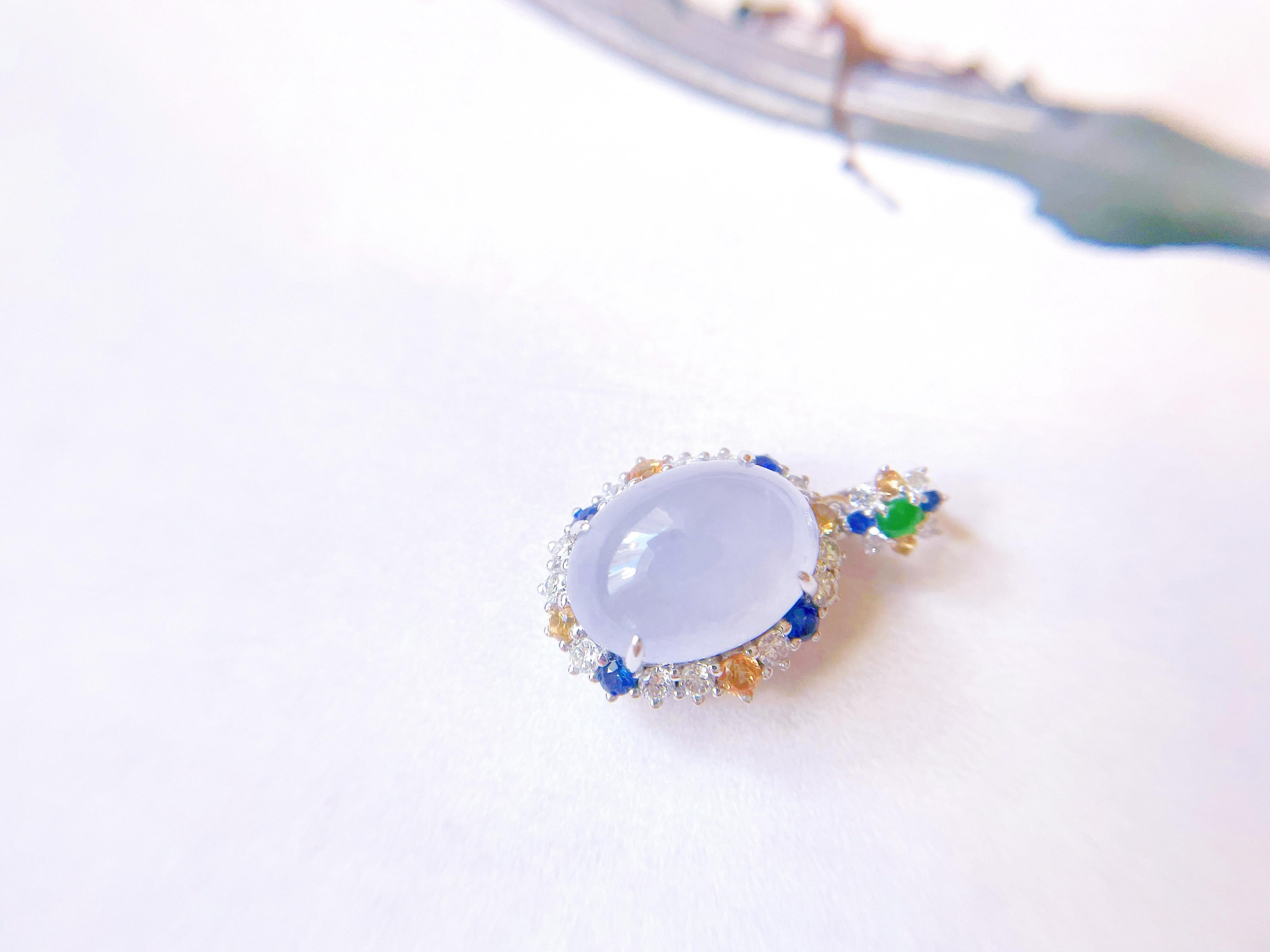 Natural Myanmar Icy Jade Cabochon Pendant in 18K White Gold Colored Sapphires For Sale 4