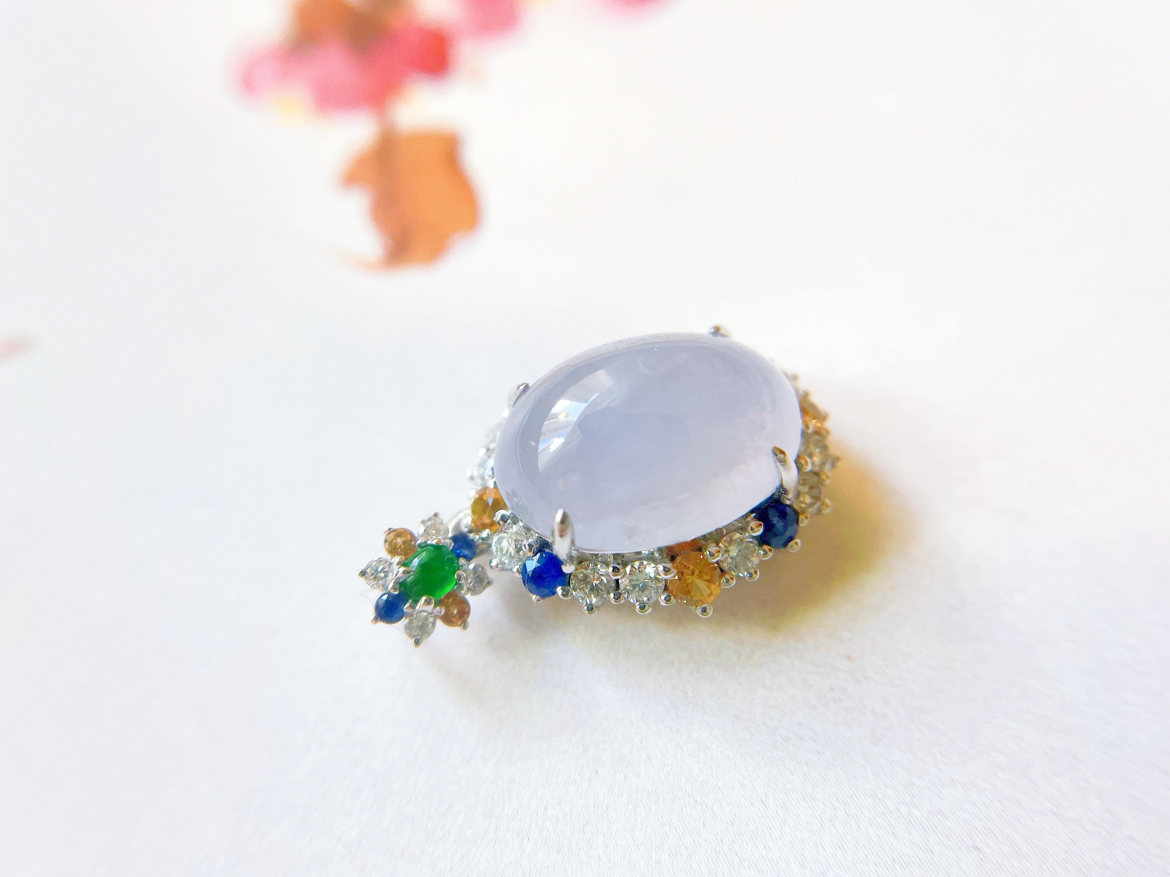 Natural Myanmar Icy Jade Cabochon Pendant in 18K White Gold Colored Sapphires For Sale 5