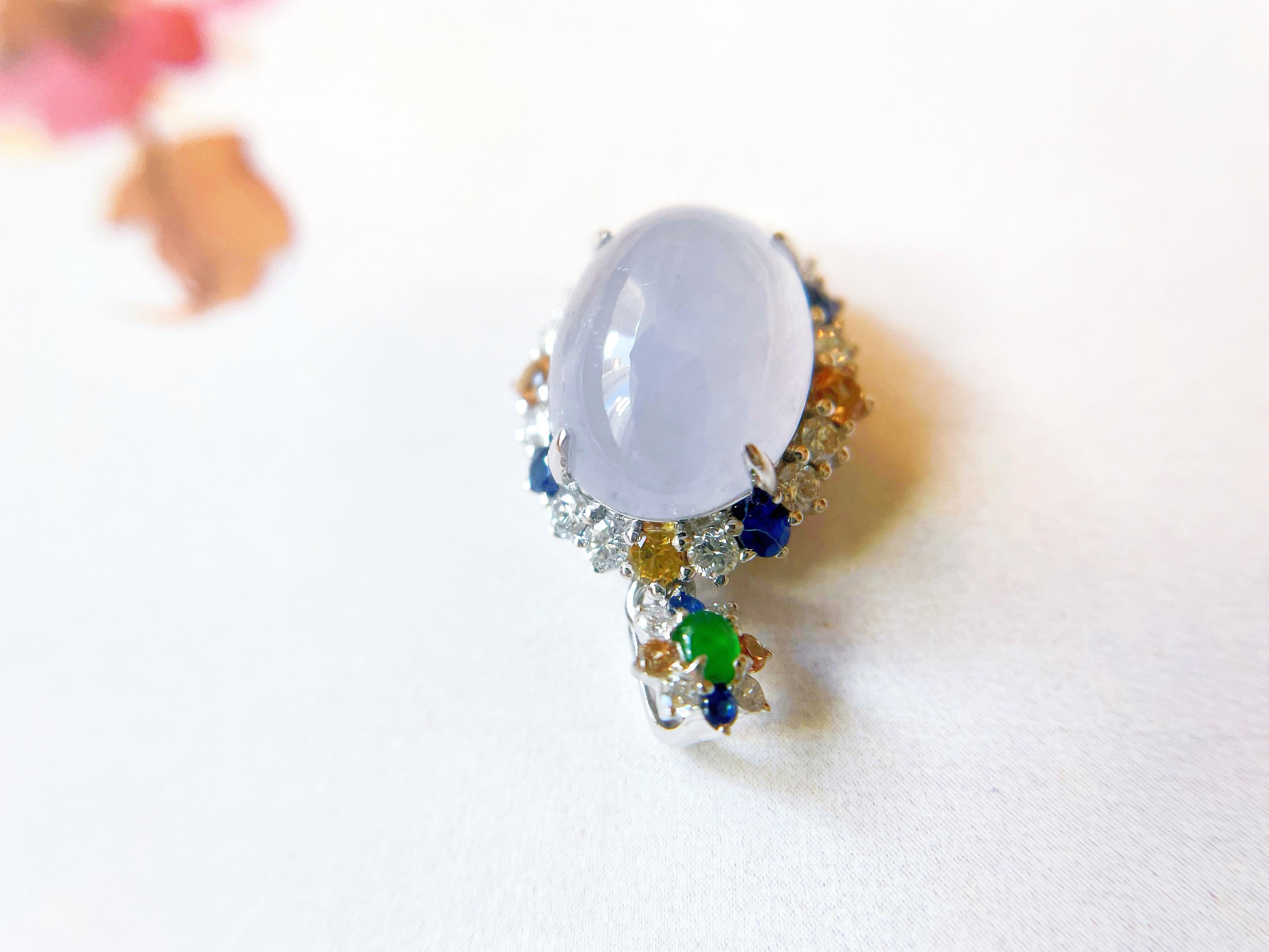 Natural Myanmar Icy Jade Cabochon Pendant in 18K White Gold Colored Sapphires For Sale 6