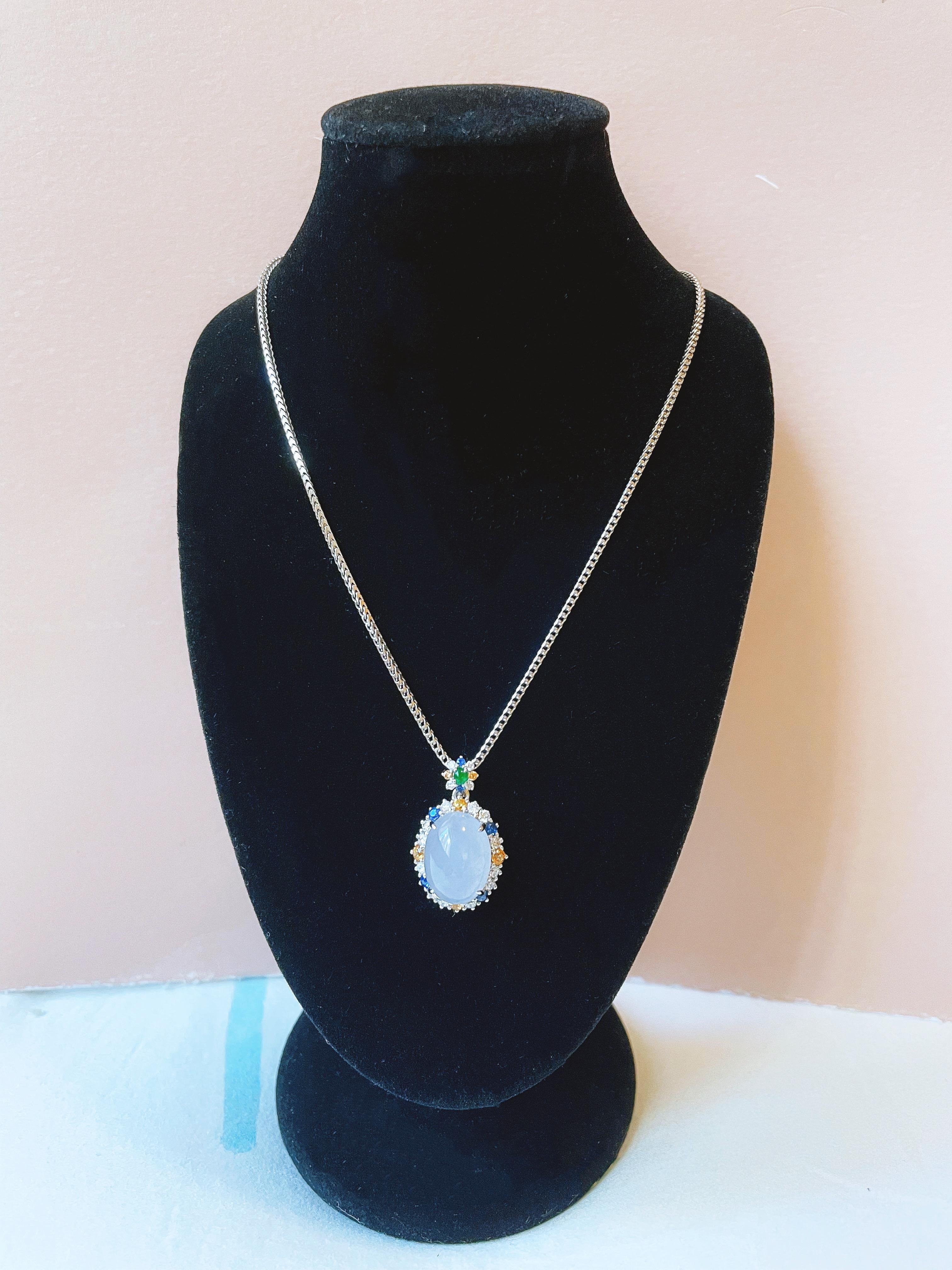 Natural Myanmar Icy Jade Cabochon Pendant in 18K White Gold Colored Sapphires For Sale 8