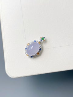 Natural Myanmar Icy Jade Cabochon Pendant in 18K White Gold Colored Sapphires