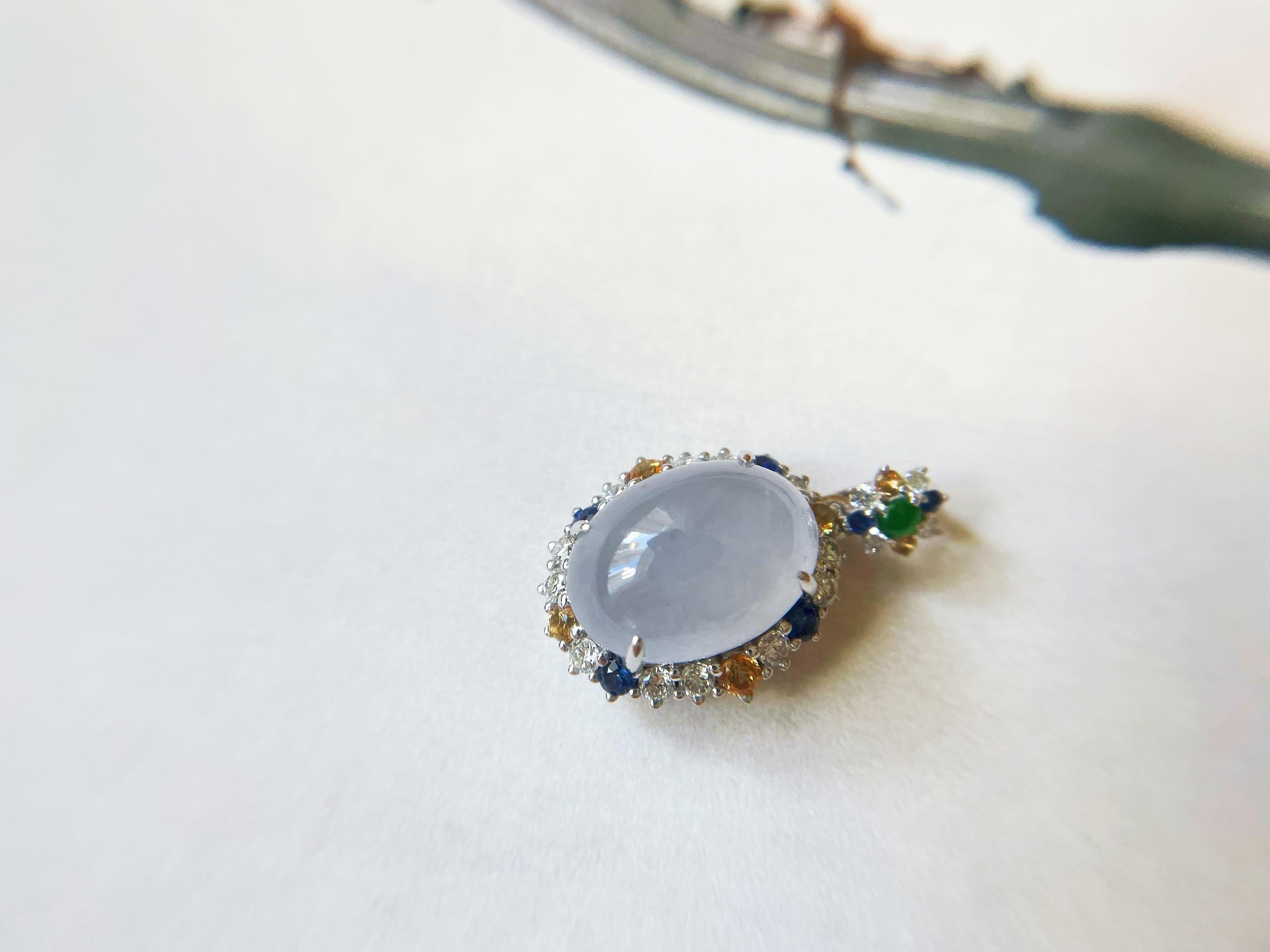Modern Natural Myanmar Icy Jade Cabochon Pendant in 18K White Gold Colored Sapphires For Sale