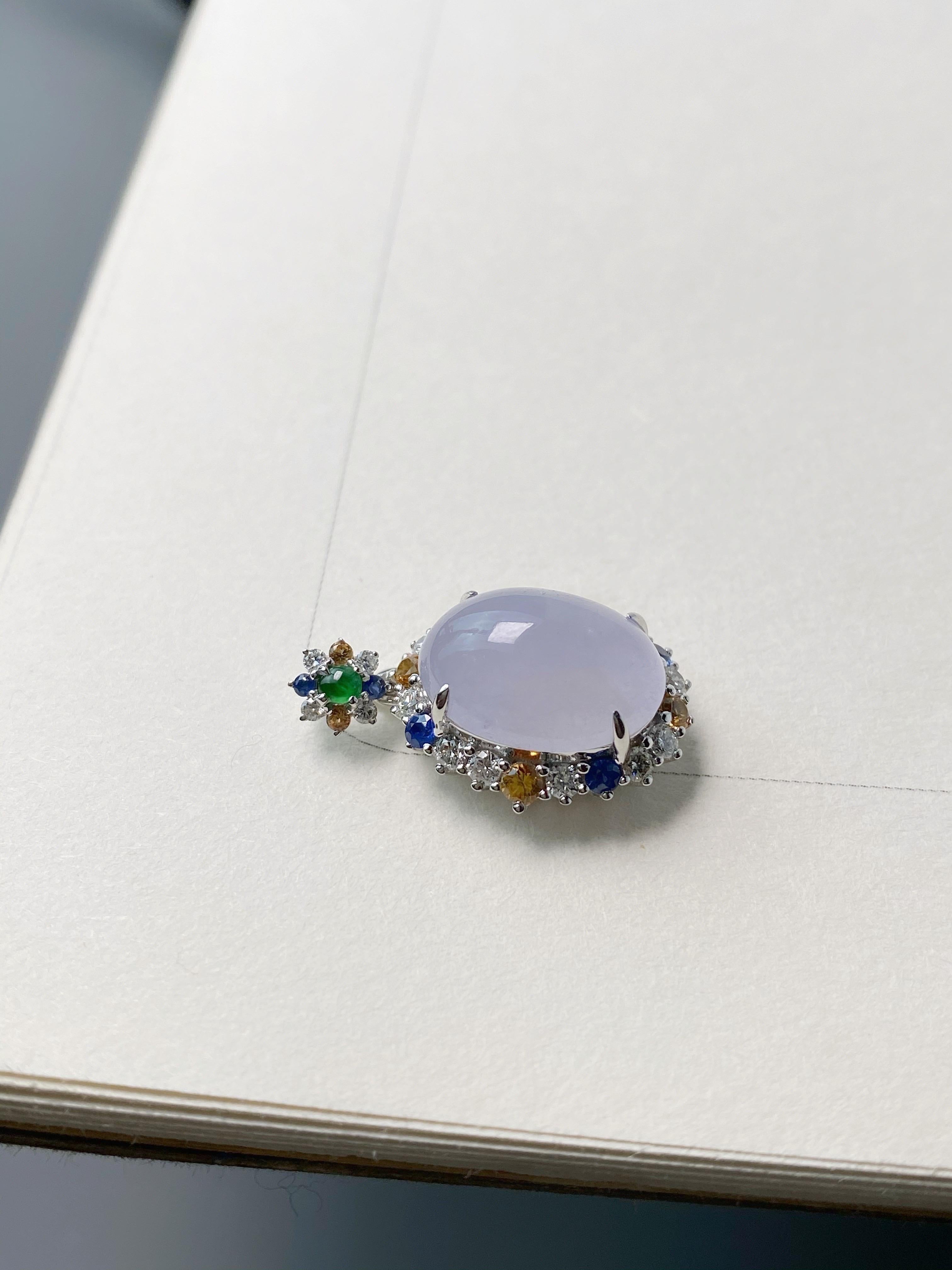 Oval Cut Natural Myanmar Icy Jade Cabochon Pendant in 18K White Gold Colored Sapphires For Sale
