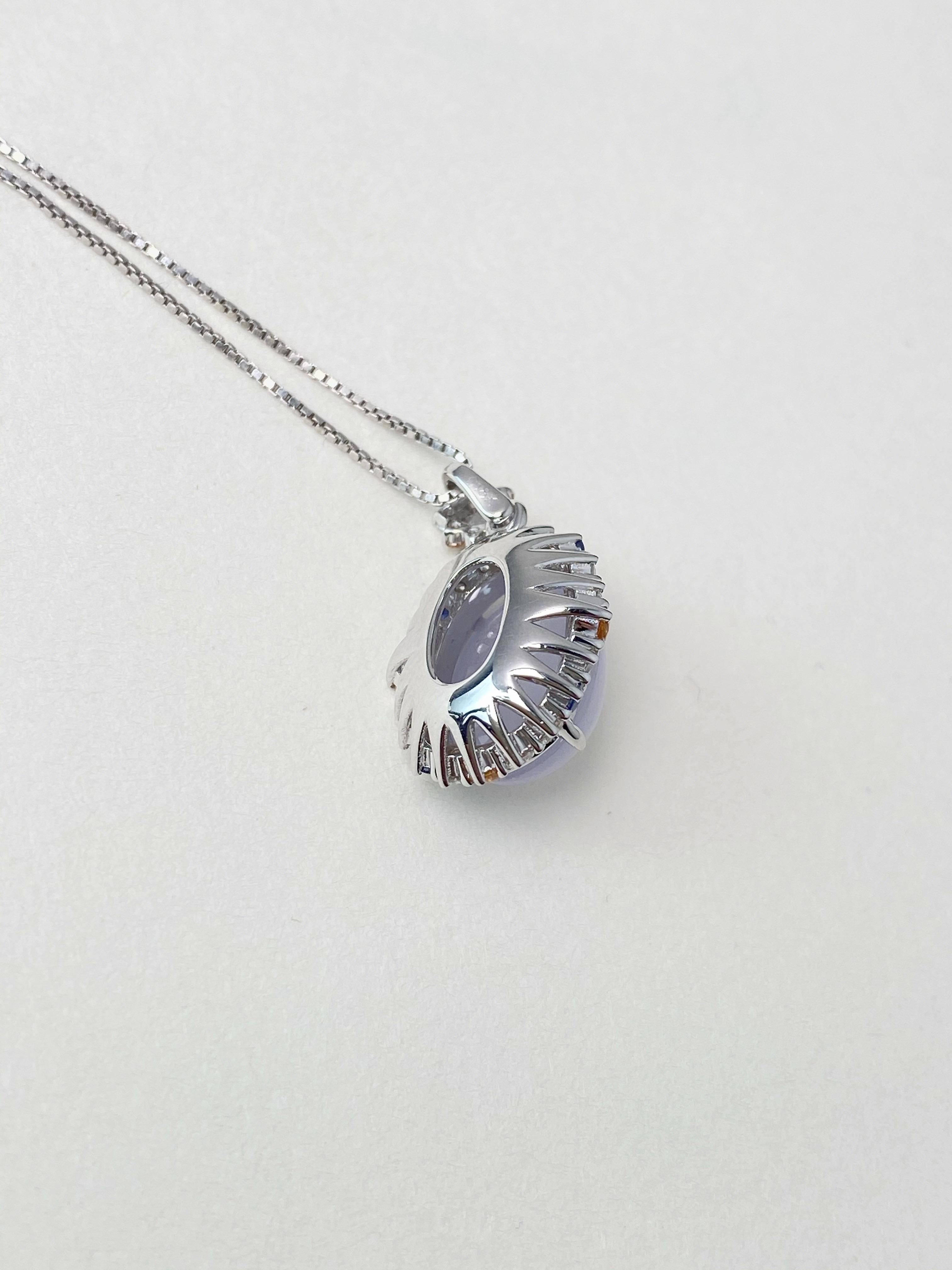 Women's or Men's Natural Myanmar Icy Jade Cabochon Pendant in 18K White Gold Colored Sapphires For Sale