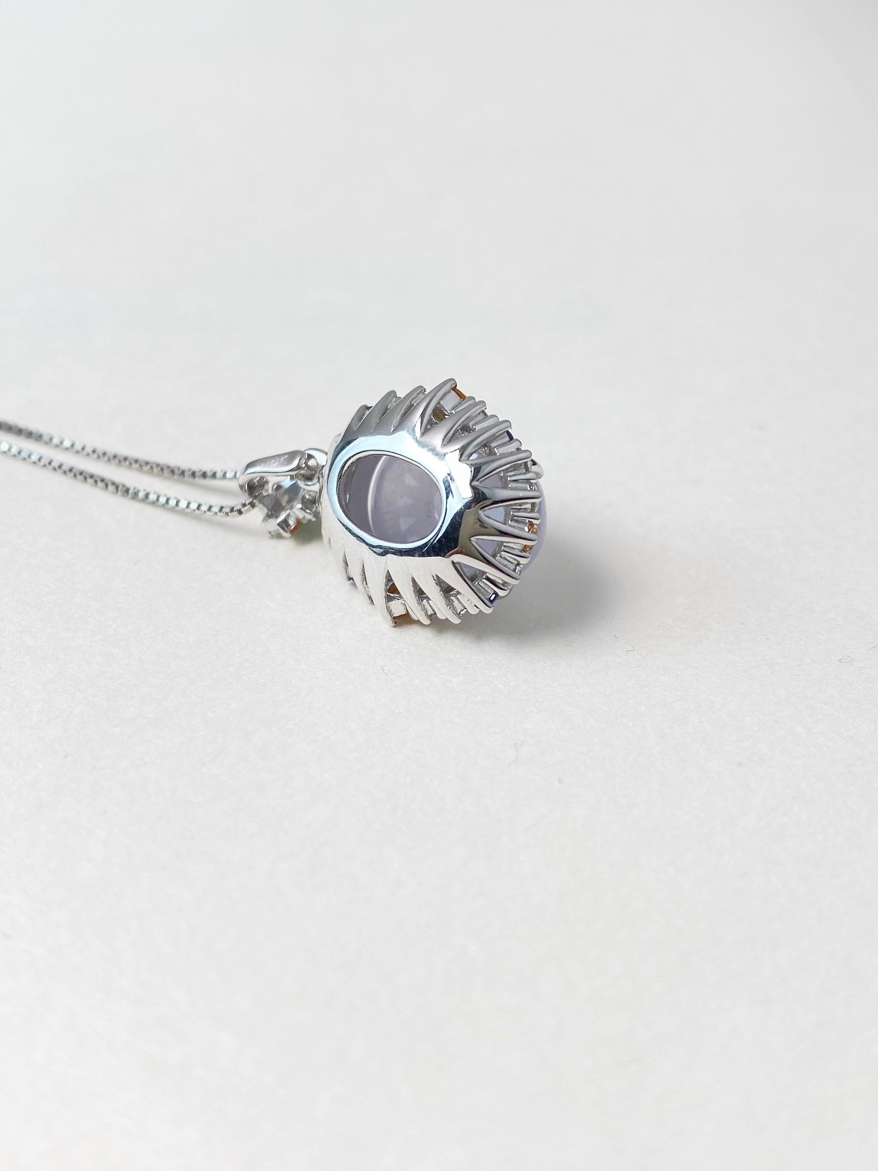 Natural Myanmar Icy Jade Cabochon Pendant in 18K White Gold Colored Sapphires For Sale 1