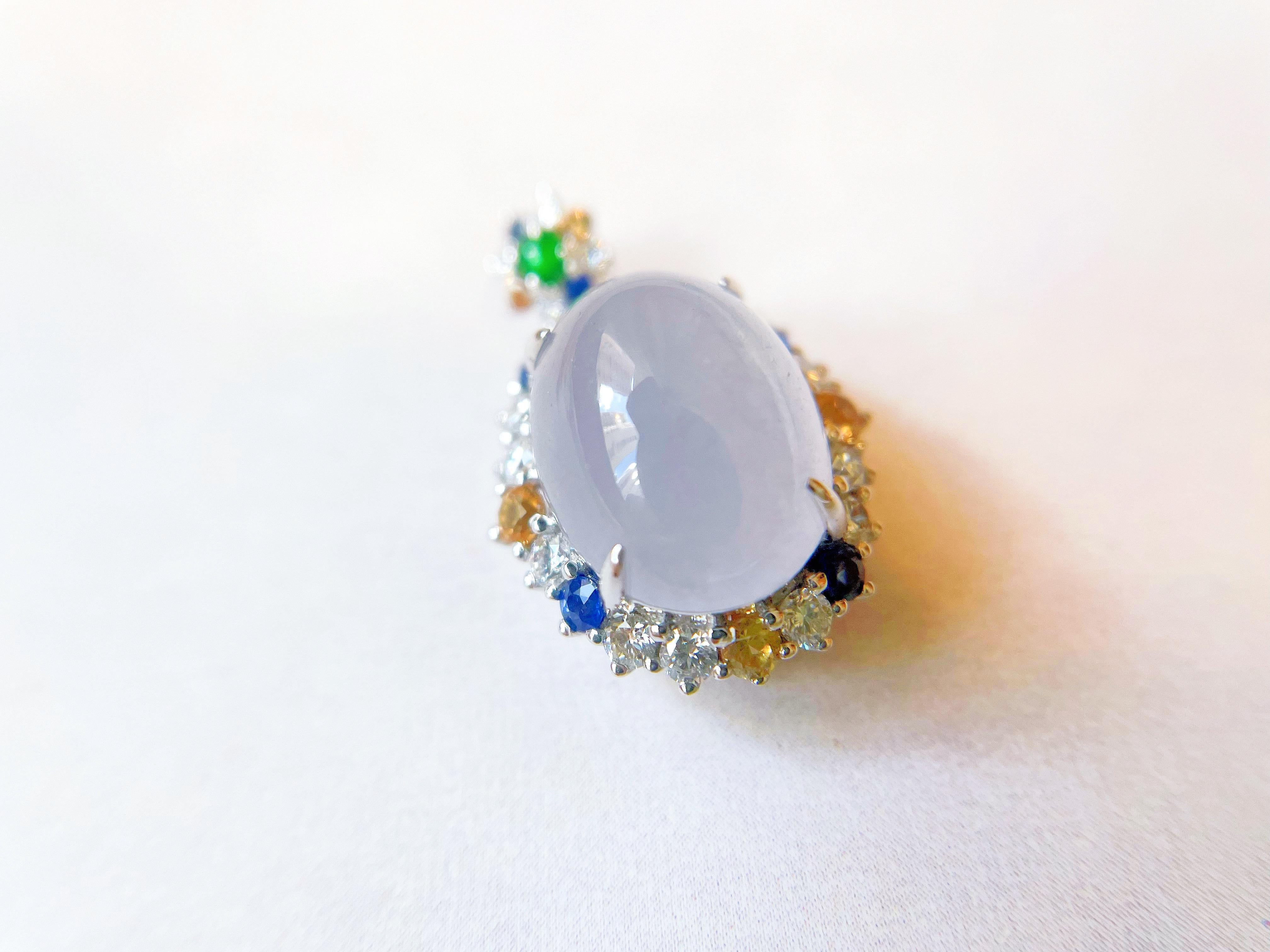 Natural Myanmar Icy Jade Cabochon Pendant in 18K White Gold Colored Sapphires For Sale 2