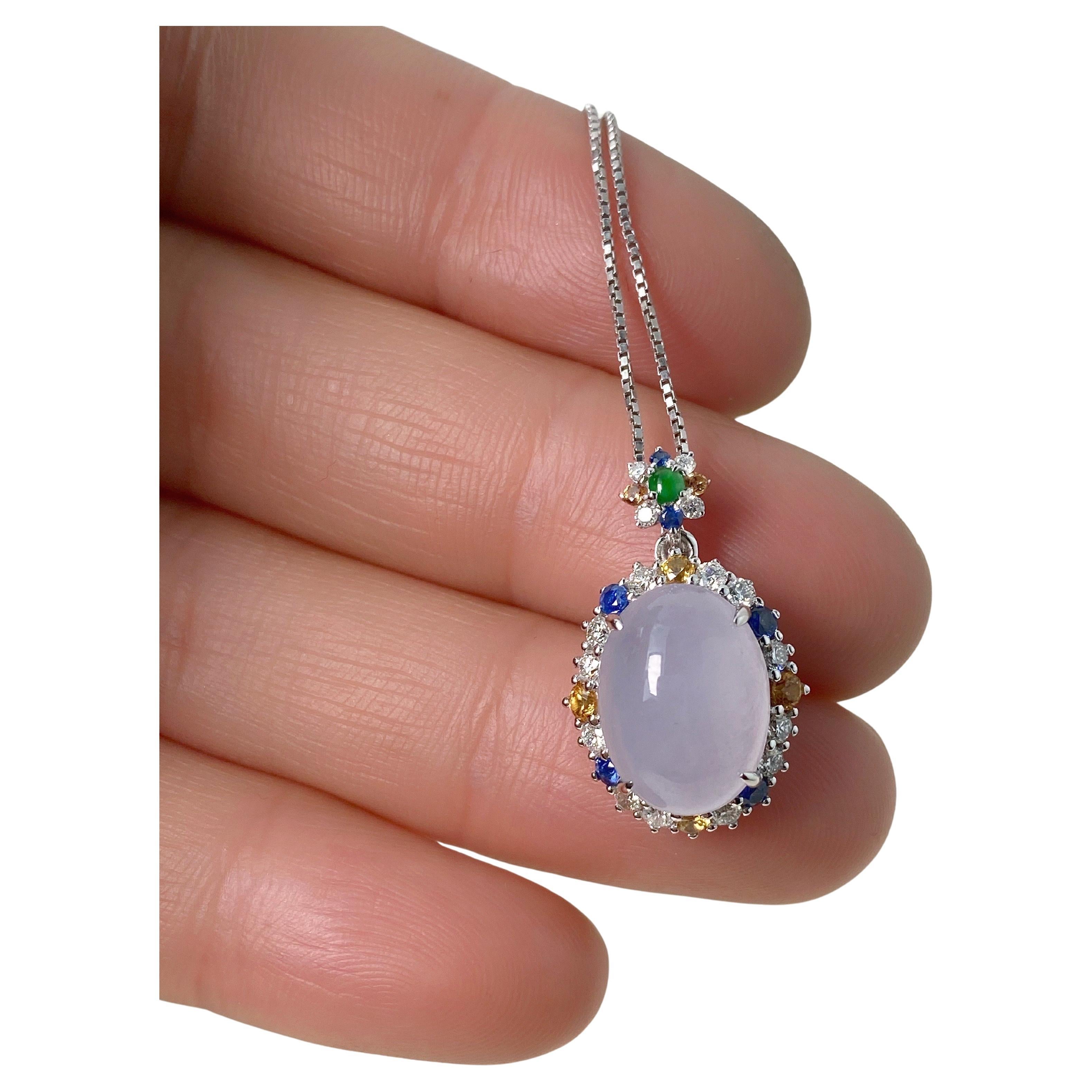 Natural Myanmar Icy Jade Cabochon Pendant in 18K White Gold Colored Sapphires For Sale