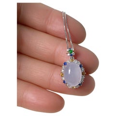 Natural Myanmar Icy Jade Cabochon Pendant in 18K White Gold Colored Sapphires