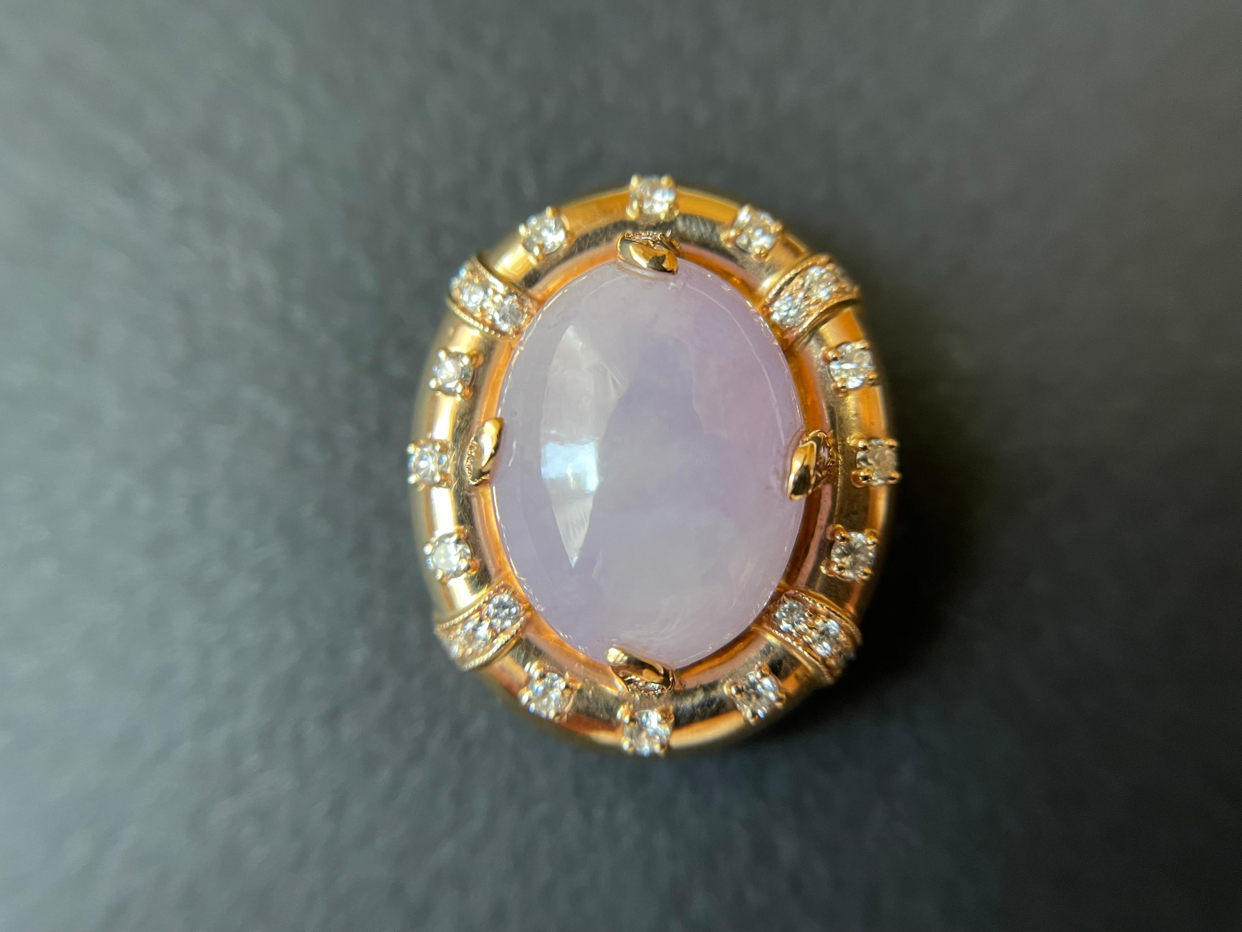 Introducing the Lavender Jadeite Cabochon Pendant - a true masterpiece of nature! Crafted from one-of-a-kind Type A Jadeite sourced from Myanmar, each pendant is a unique work of art, framed with sumptuous 18K solid gold and adorned with sparkling