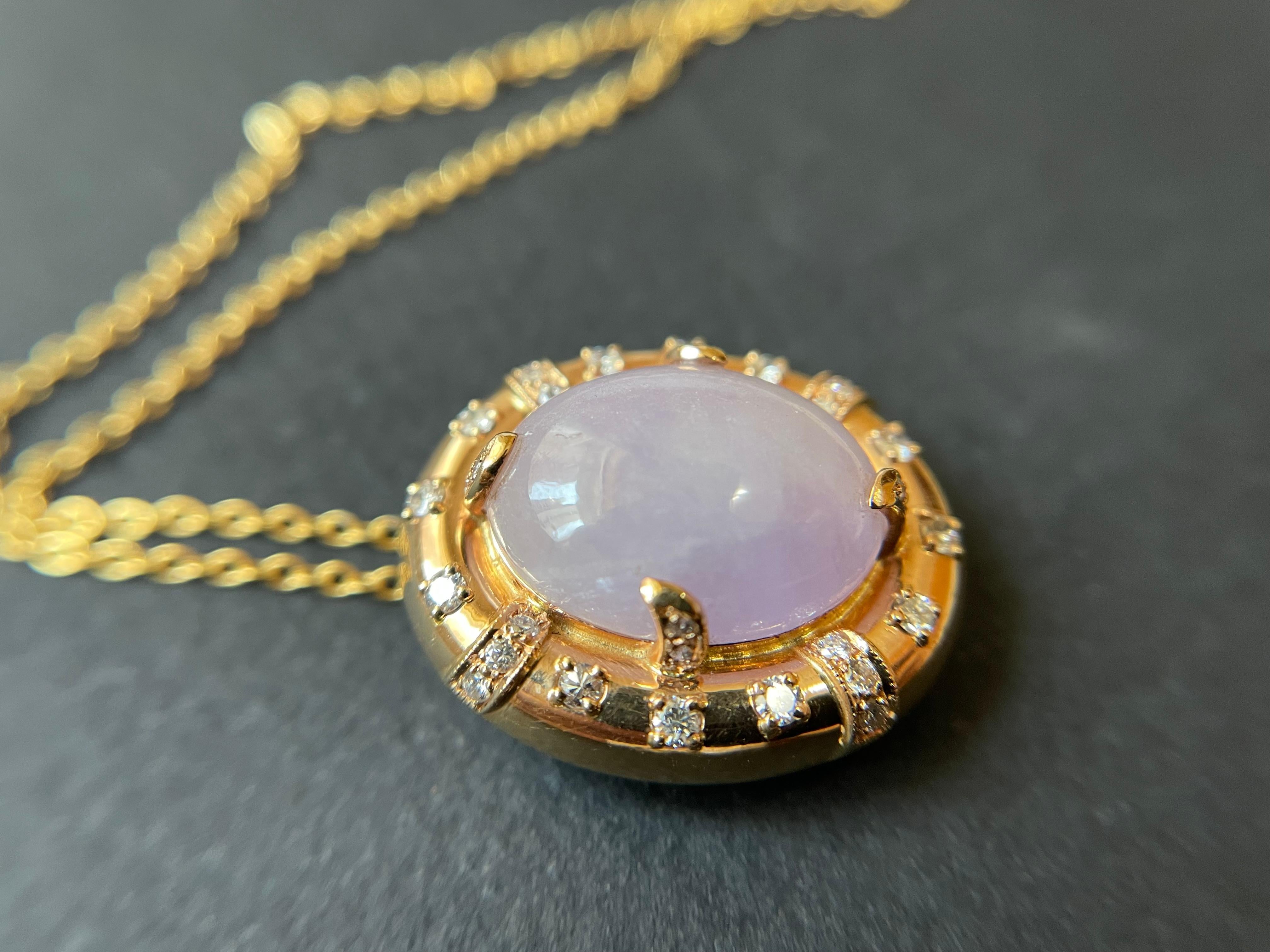 Natural Myanmar Icy Lavender Jadeite Pendant with 18K Gold and Diamonds  For Sale 1