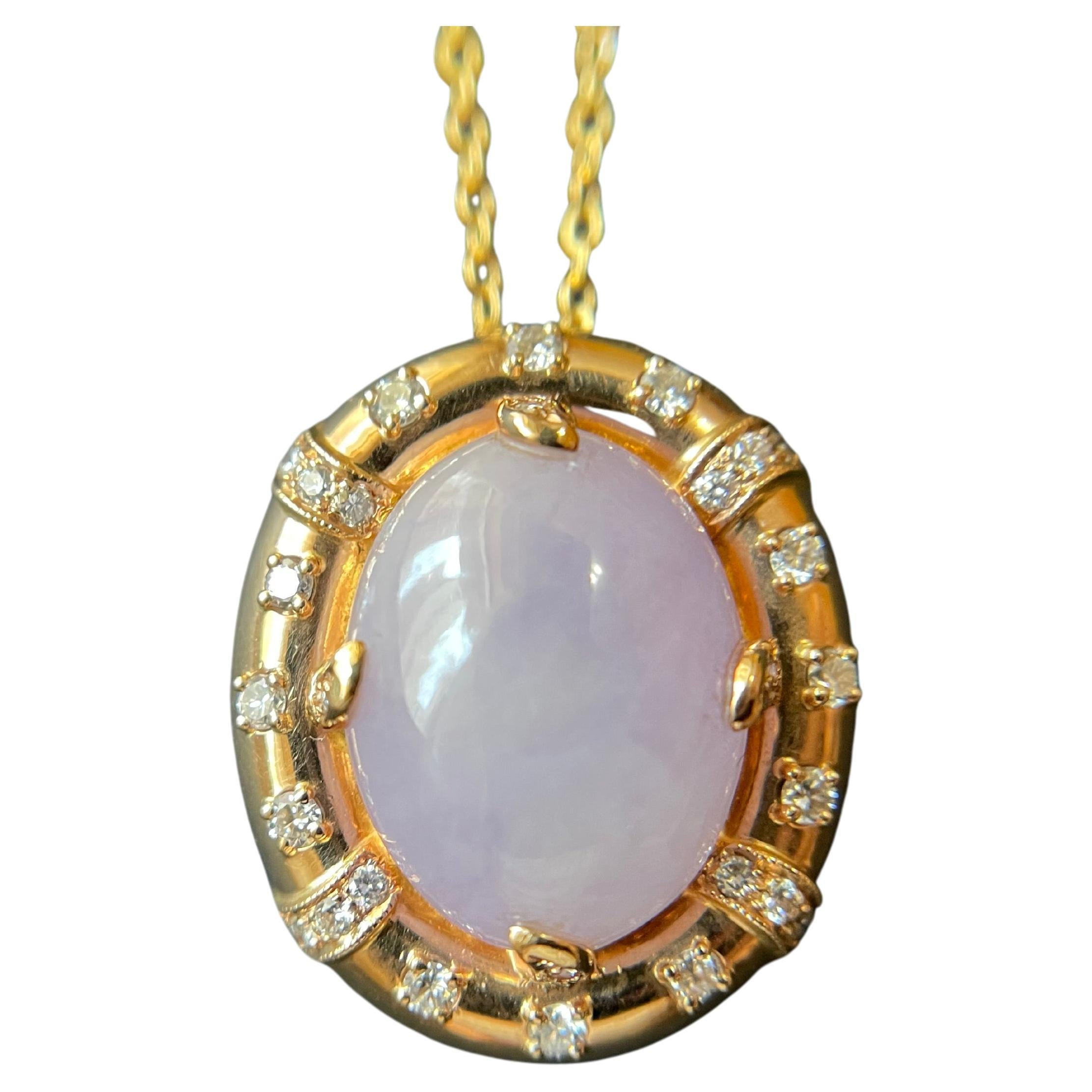 Natural Myanmar Icy Lavender Jadeite Pendant with 18K Gold and Diamonds  For Sale