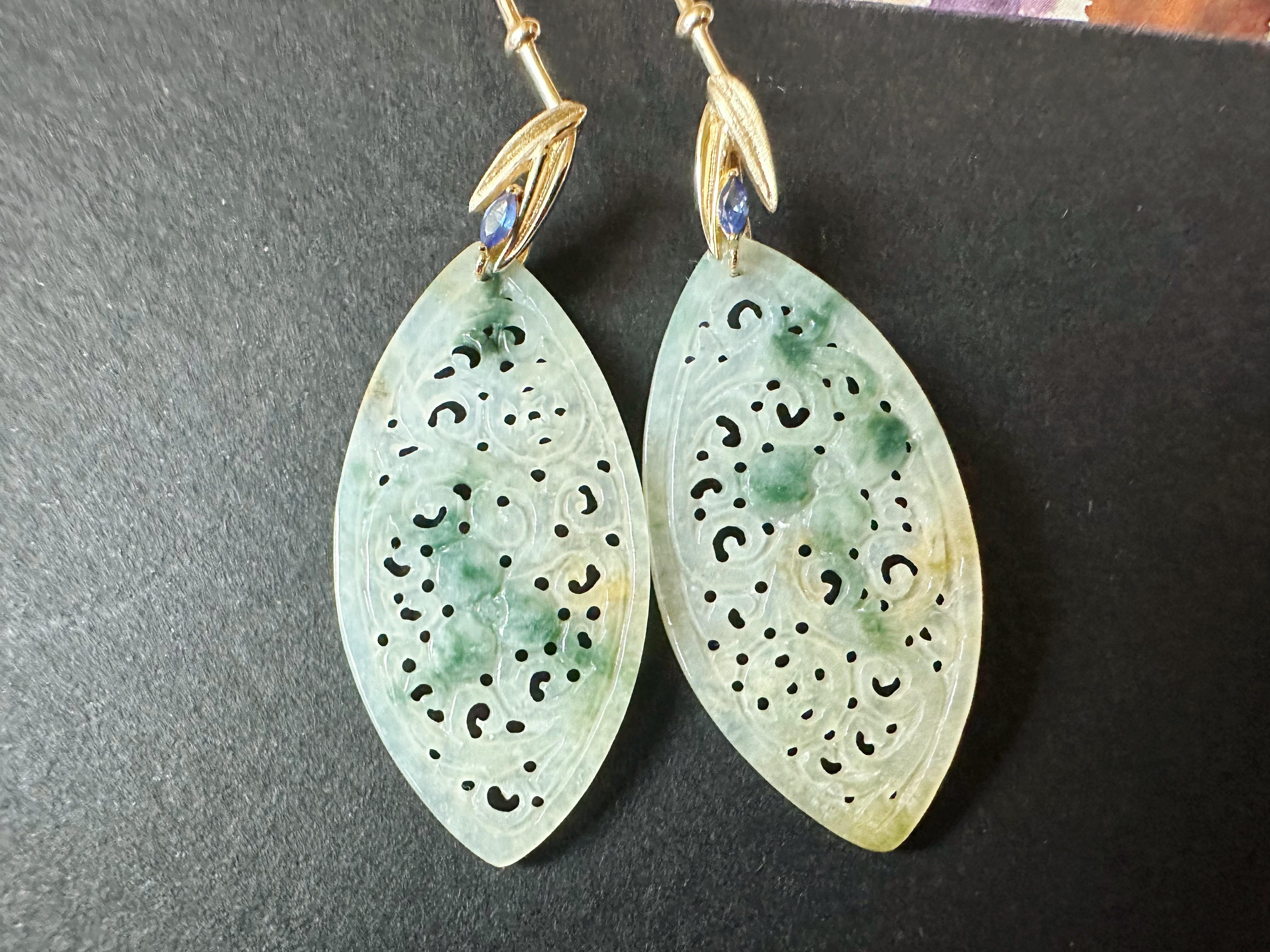 Natürliche Myanmar Icy Typ Bicolor Grüne und Gelbe Jade geschnitzte 18K Gold Ohrringe im Angebot 4