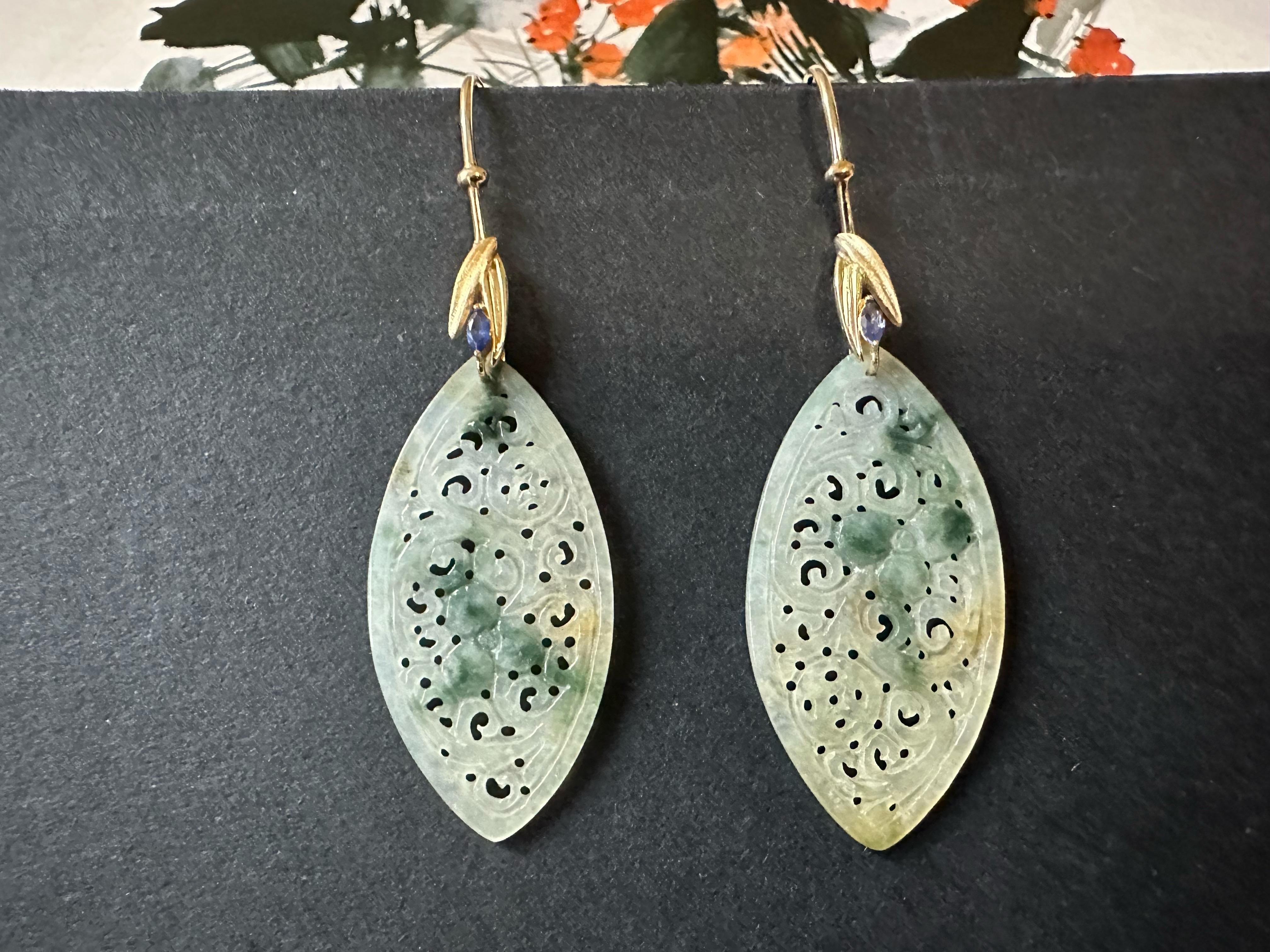 Natürliche Myanmar Icy Typ Bicolor Grüne und Gelbe Jade geschnitzte 18K Gold Ohrringe im Angebot 6