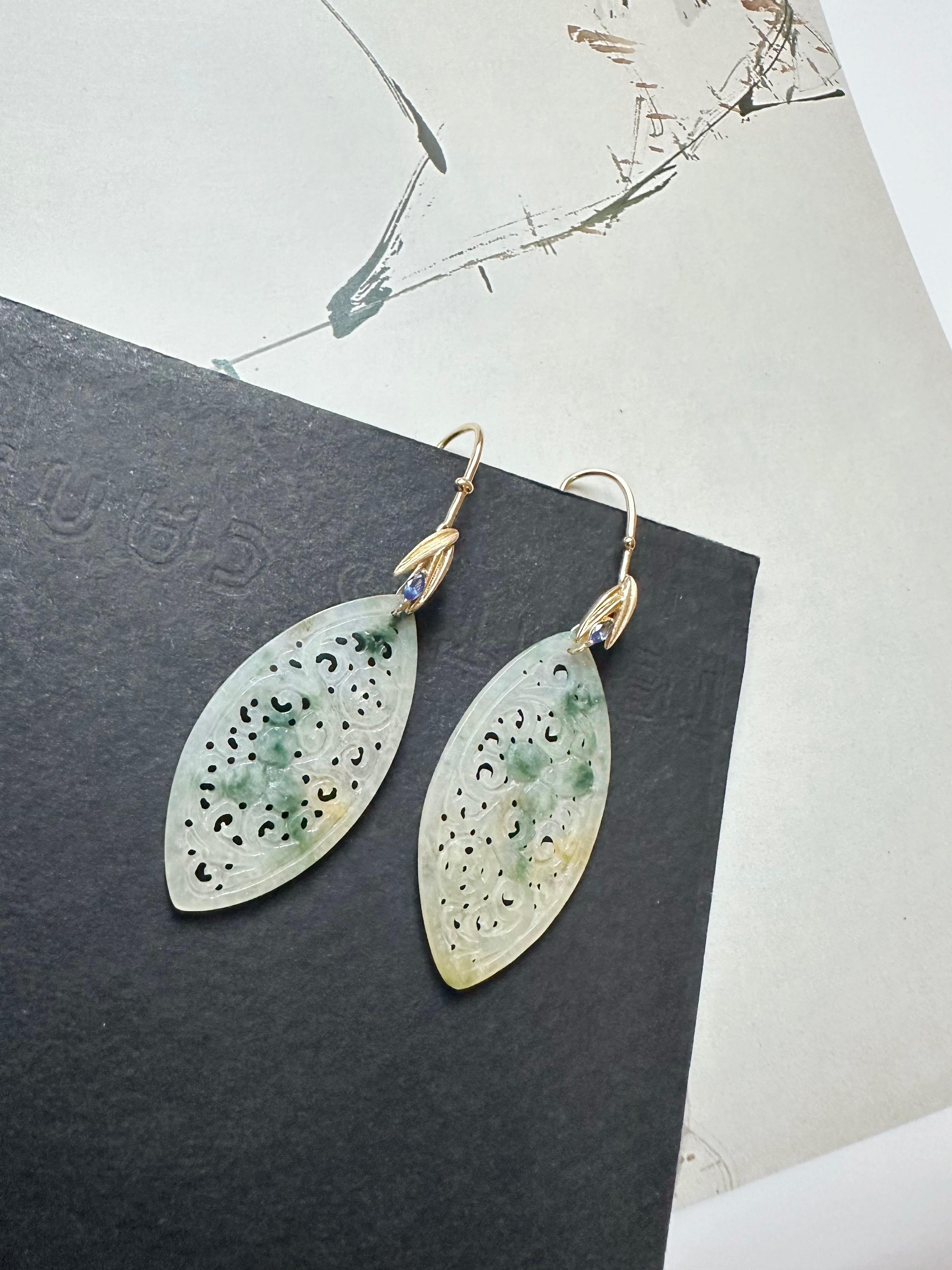 Natürliche Myanmar Icy Typ Bicolor Grüne und Gelbe Jade geschnitzte 18K Gold Ohrringe im Angebot 7