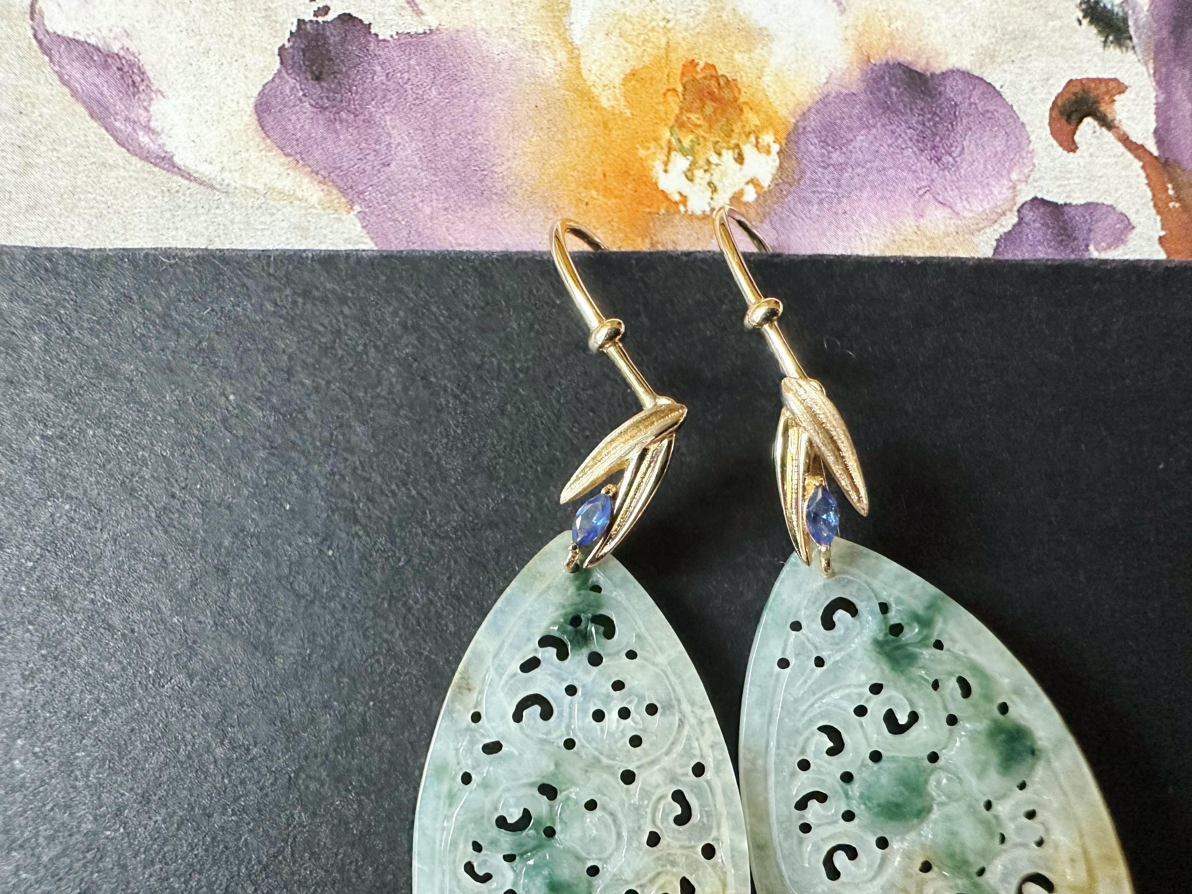 Natürliche Myanmar Icy Typ Bicolor Grüne und Gelbe Jade geschnitzte 18K Gold Ohrringe im Angebot 10
