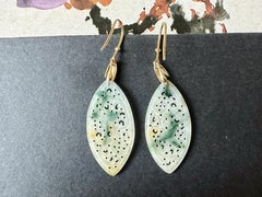 Natural Myanmar Icy Type Bicolor Green and Yellow Jade Carved 18K Gold Earrings
