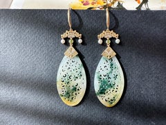 Natural Myanmar Icy Type Bicolor Green and Yellow Jade Carved 18K Gold Earrings