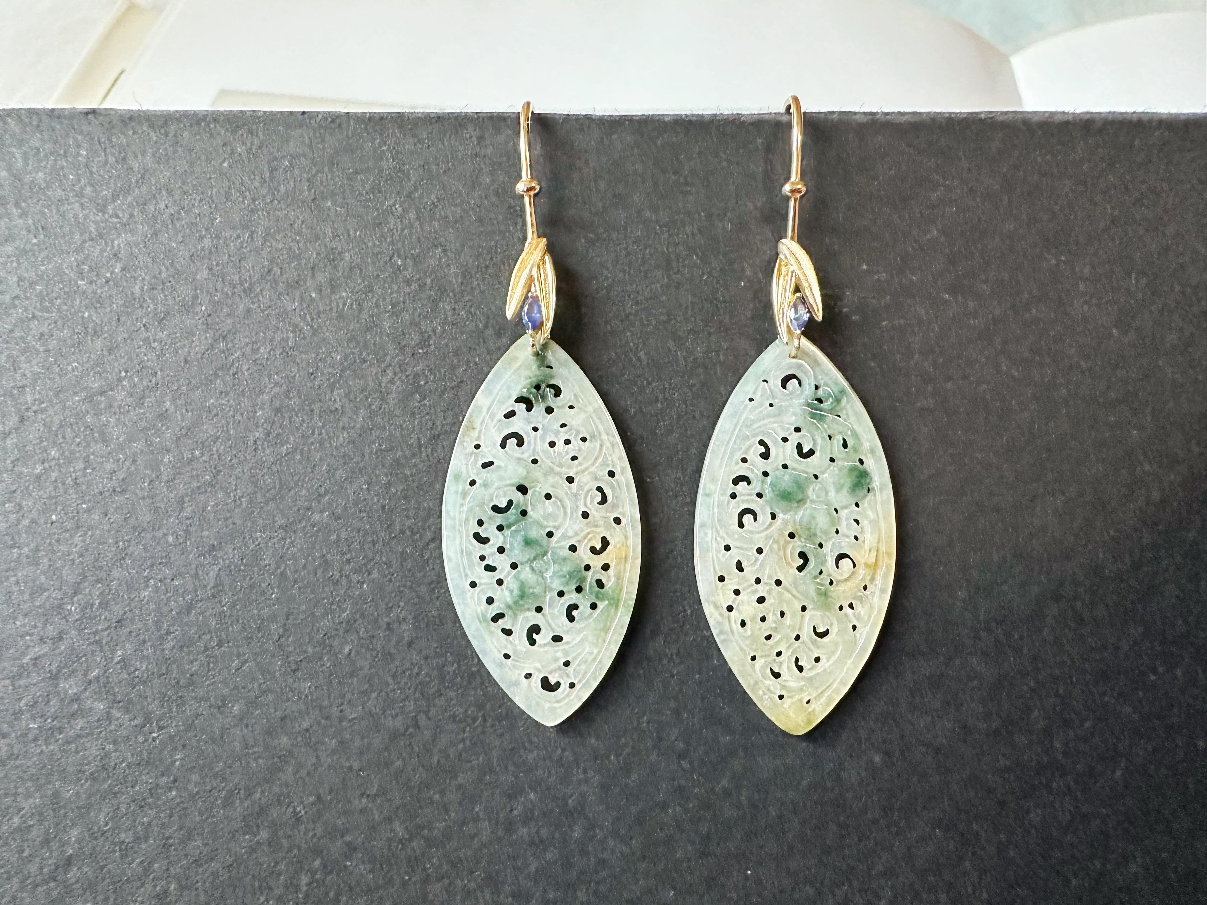 Natürliche Myanmar Icy Typ Bicolor Grüne und Gelbe Jade geschnitzte 18K Gold Ohrringe (Marquiseschliff) im Angebot