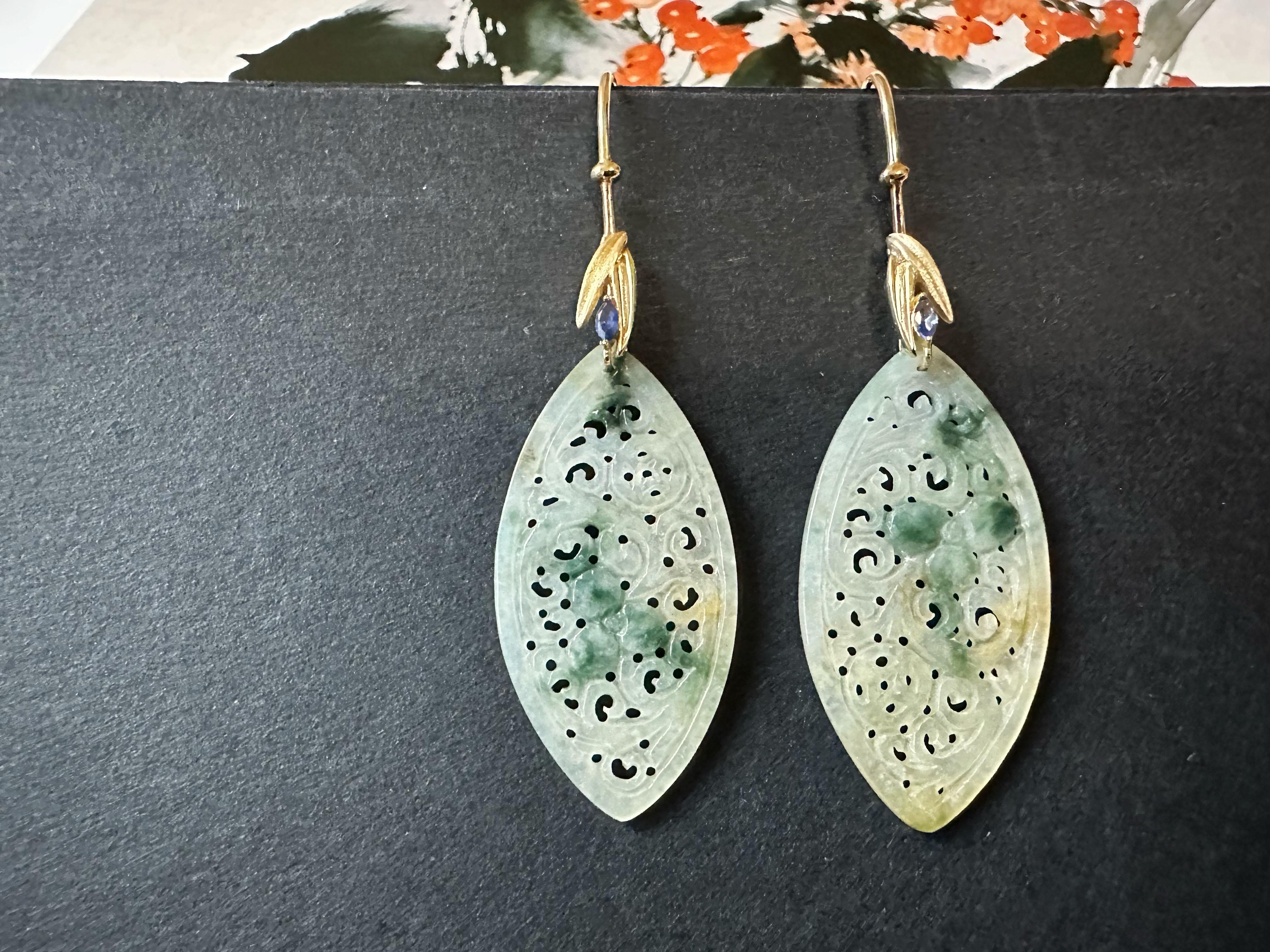 Natürliche Myanmar Icy Typ Bicolor Grüne und Gelbe Jade geschnitzte 18K Gold Ohrringe Damen im Angebot