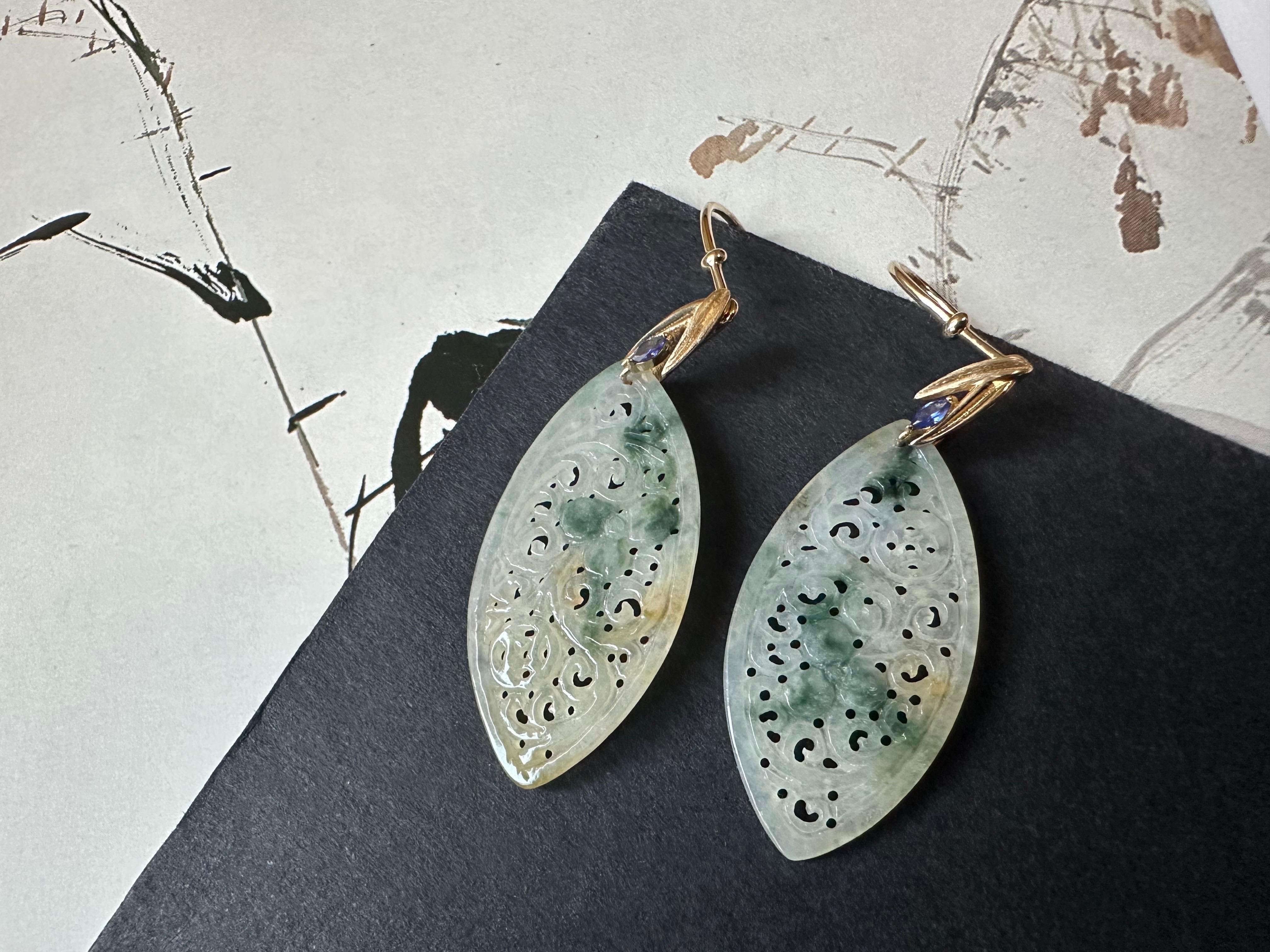 Natürliche Myanmar Icy Typ Bicolor Grüne und Gelbe Jade geschnitzte 18K Gold Ohrringe im Angebot 3