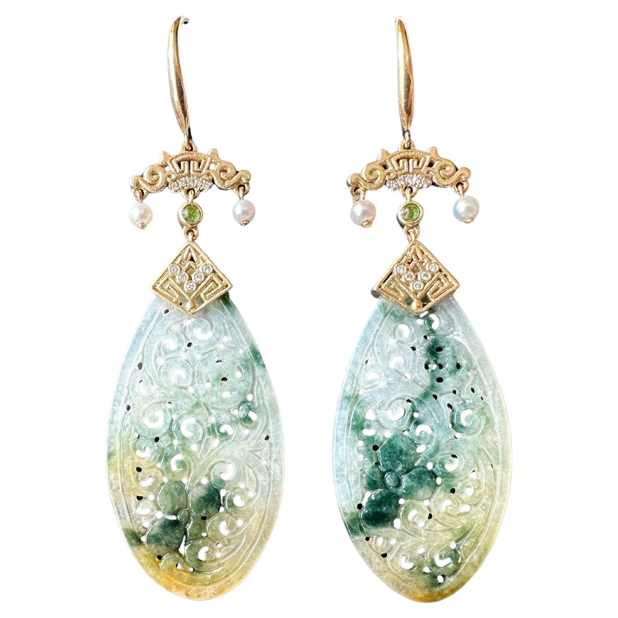 Natural Myanmar Icy Type Bicolor Green and Yellow Jade Carved 18K Gold Earrings