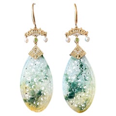 Natural Myanmar Icy Type Bicolor Green and Yellow Jade Carved 18K Gold Earrings