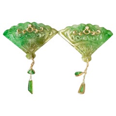 Boucles d'oreilles en Jade Naturel du Myanmar de type Icy bicolore en forme d'éventail vert et jaune vivid