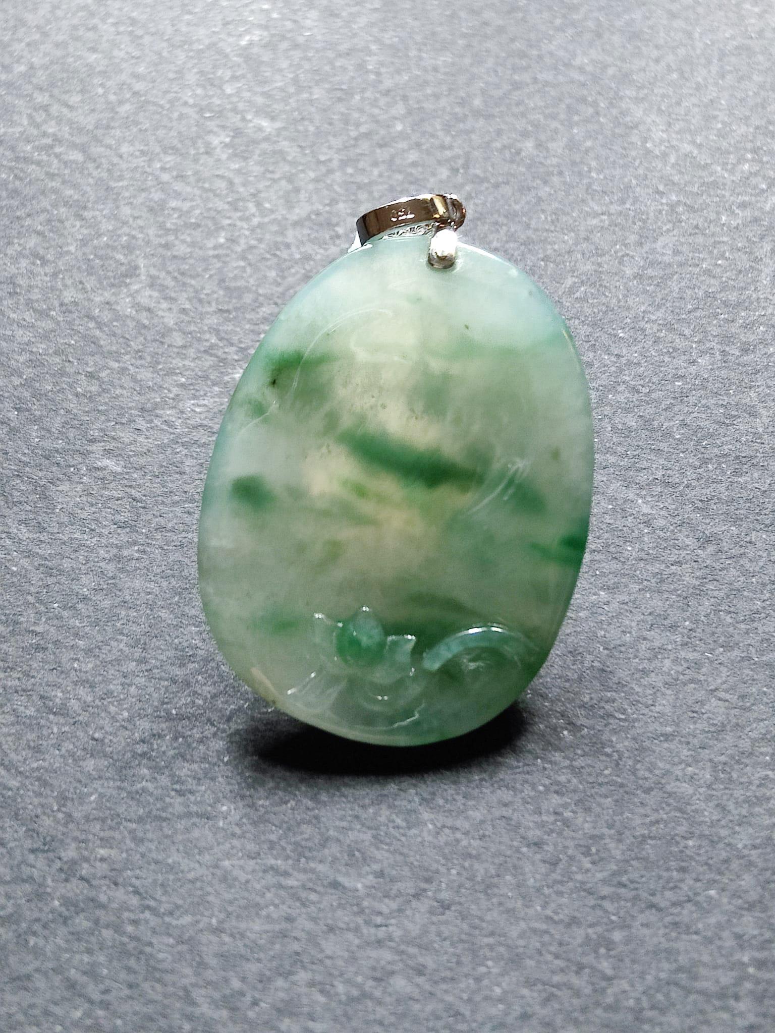 Natural Myanmar Icy Type Bluish Green Jadeite Floral Lotus Flower Pendant For Sale 5