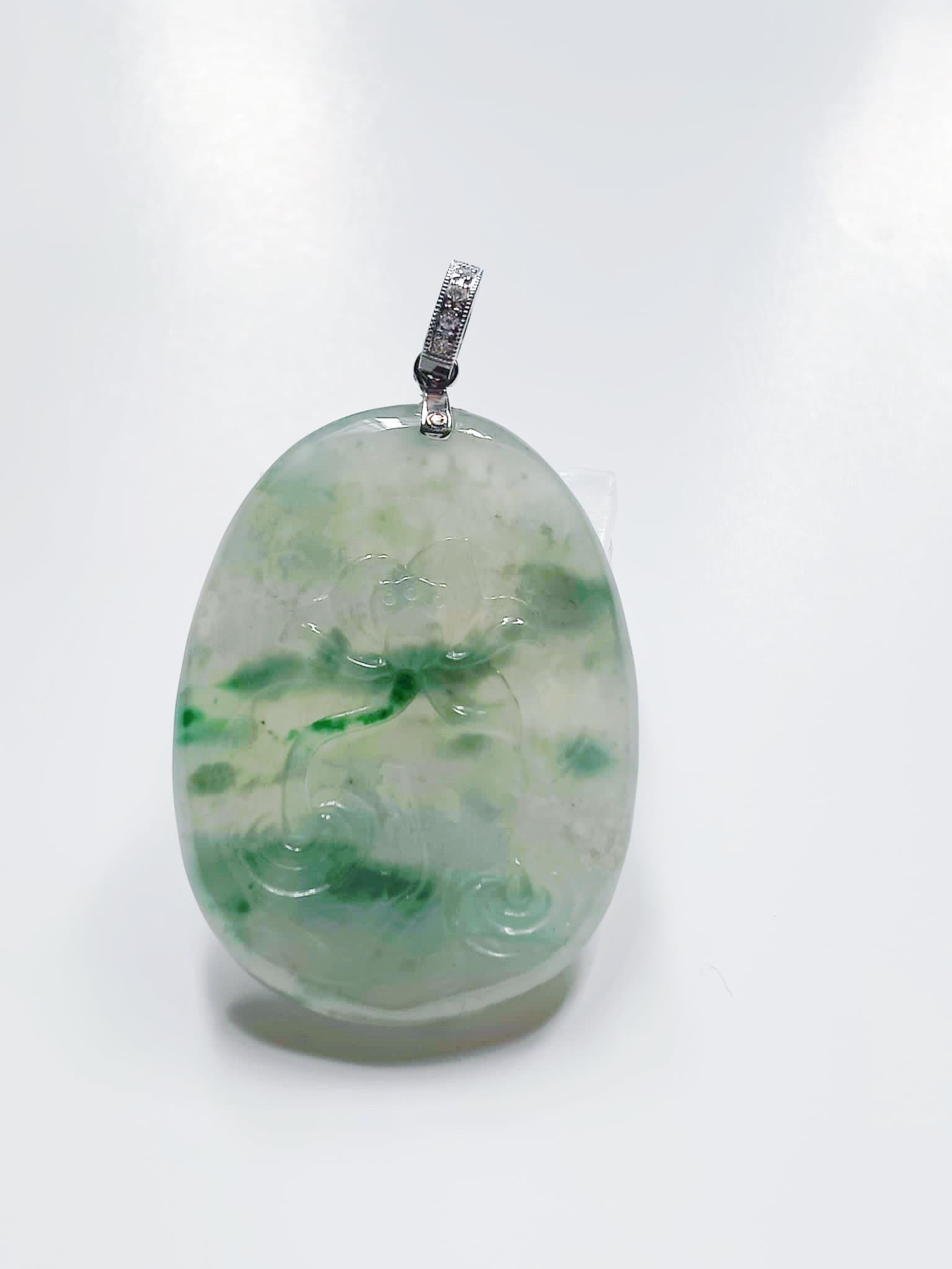 Artisan Natural Myanmar Icy Type Bluish Green Jadeite Floral Lotus Flower Pendant For Sale
