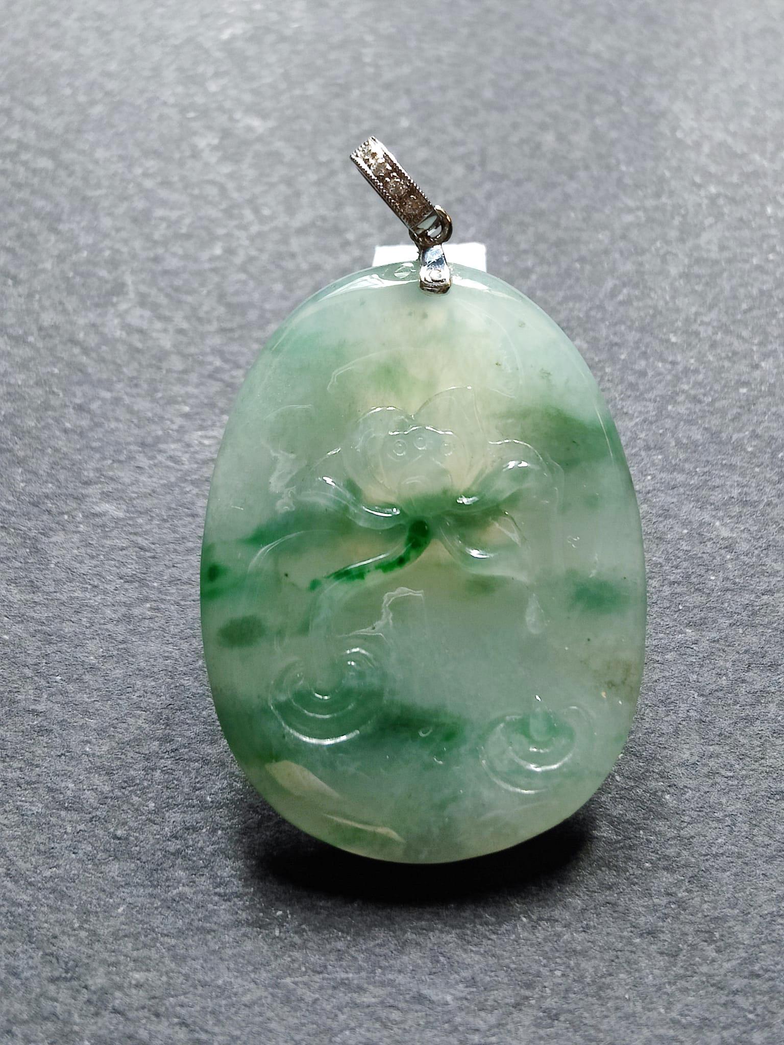 Natural Myanmar Icy Type Bluish Green Jadeite Floral Lotus Flower Pendant For Sale 1