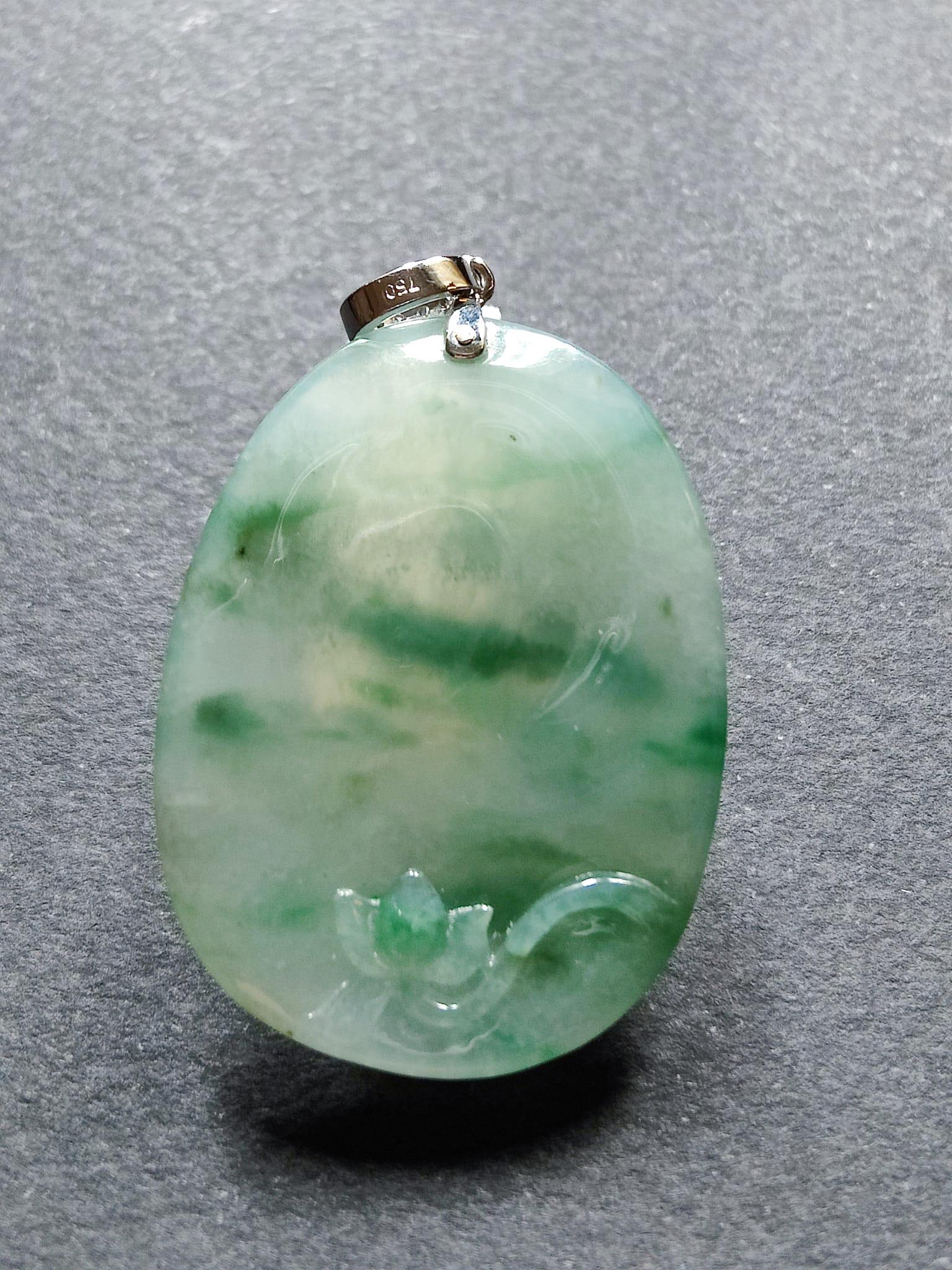 Natural Myanmar Icy Type Bluish Green Jadeite Floral Lotus Flower Pendant For Sale 2