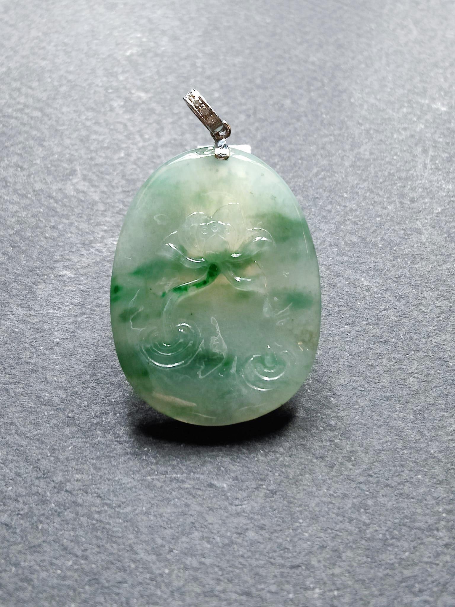 Natural Myanmar Icy Type Bluish Green Jadeite Floral Lotus Flower Pendant For Sale 3