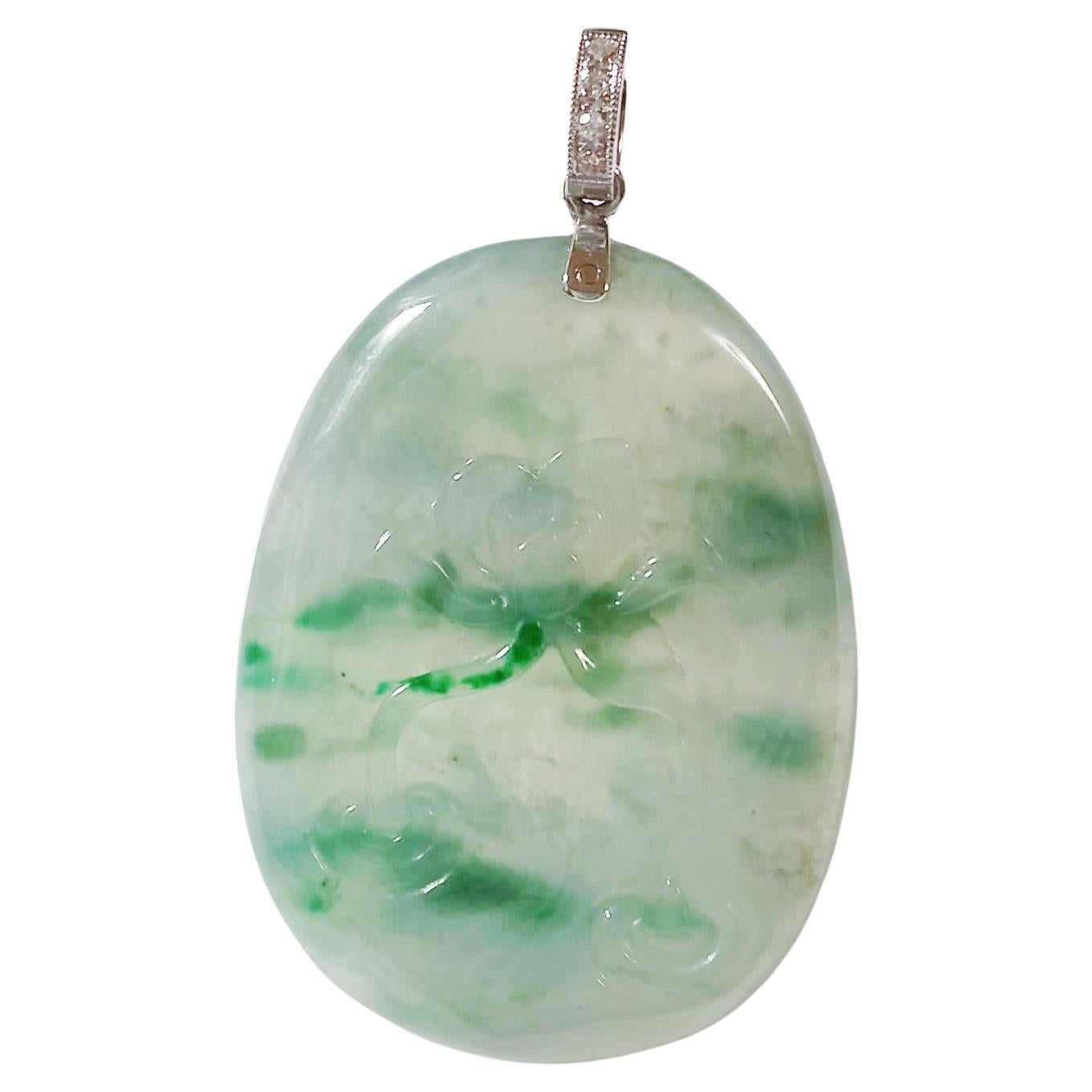 Natural Myanmar Icy Type Bluish Green Jadeite Floral Lotus Flower Pendant For Sale