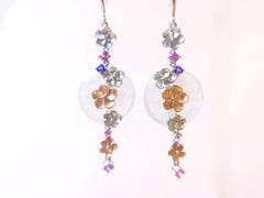 Natural Myanmar Icy Type Donut Jade Floral Drop Earrings in 14K Bicolor Gold