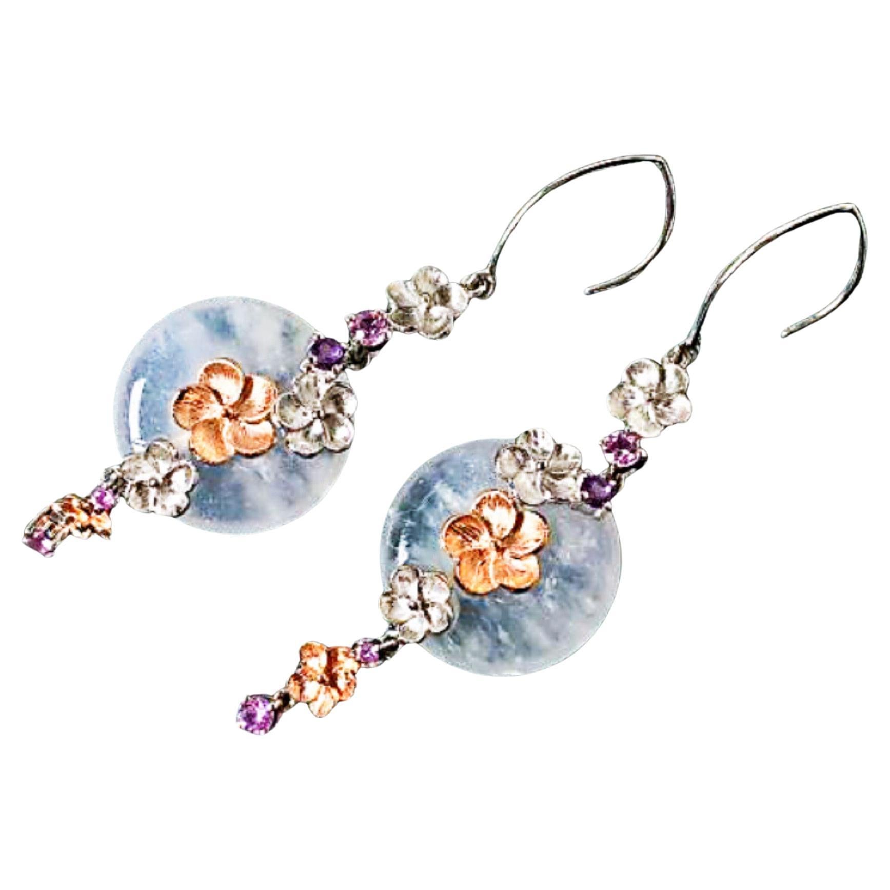 Natural Myanmar Icy Type Donut Jadeite Floral Drop Earrings in 14K Bicolor Gold