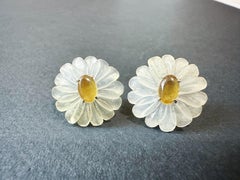 Natural Myanmar Icy Type Honey Yellow and White Jade Ear Studs in Daisy Flower