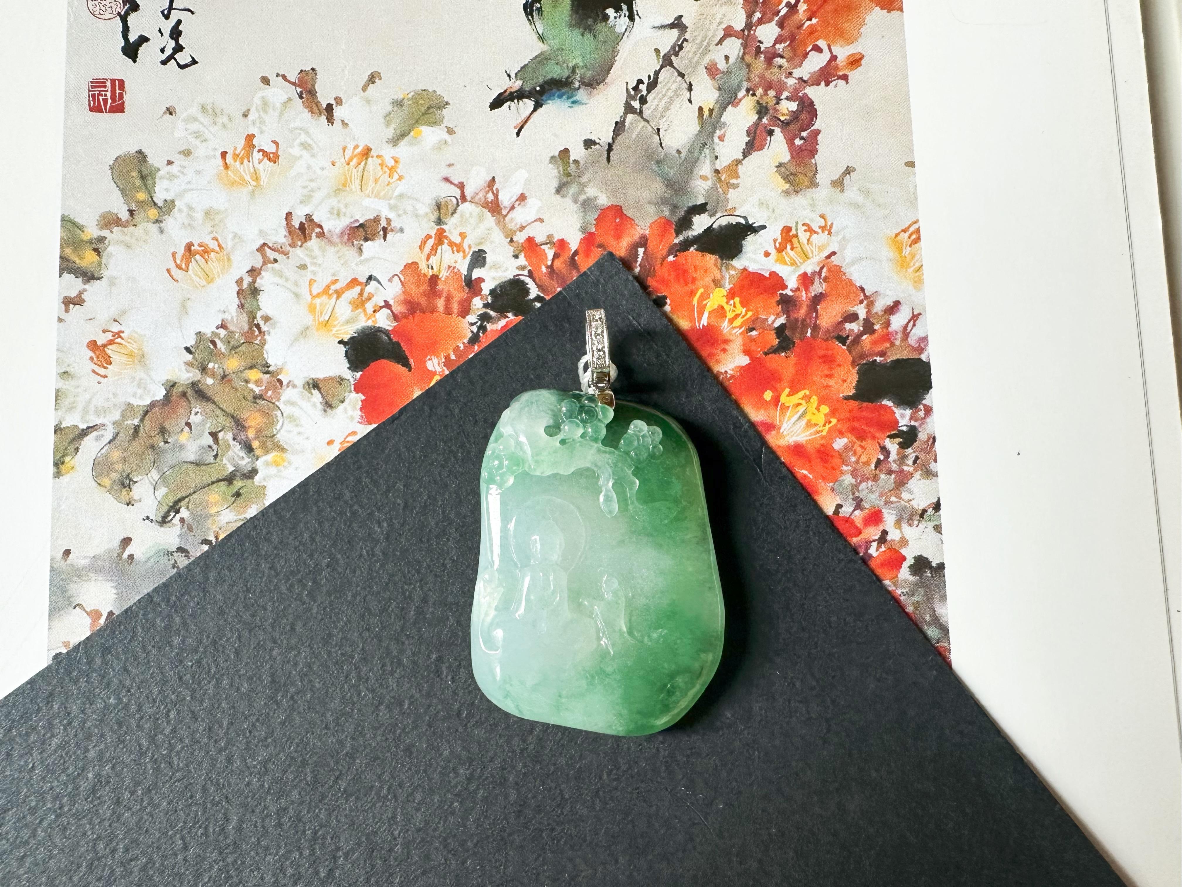 Artigiano Ciondolo di giada naturale del Myanmar di tipo Icy Bodhi Tree con cappa di diamanti in oro 18 carati in vendita